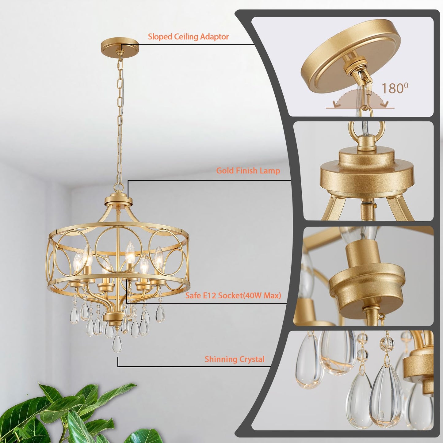Majhoiw 6-Light Modern Gold Crystal Chandelier, 17.7" Farmhouse Ceiling Light Fixture, Hanging Metal Pendant Lights Kitchen Island Dining Room Entryway Foyer