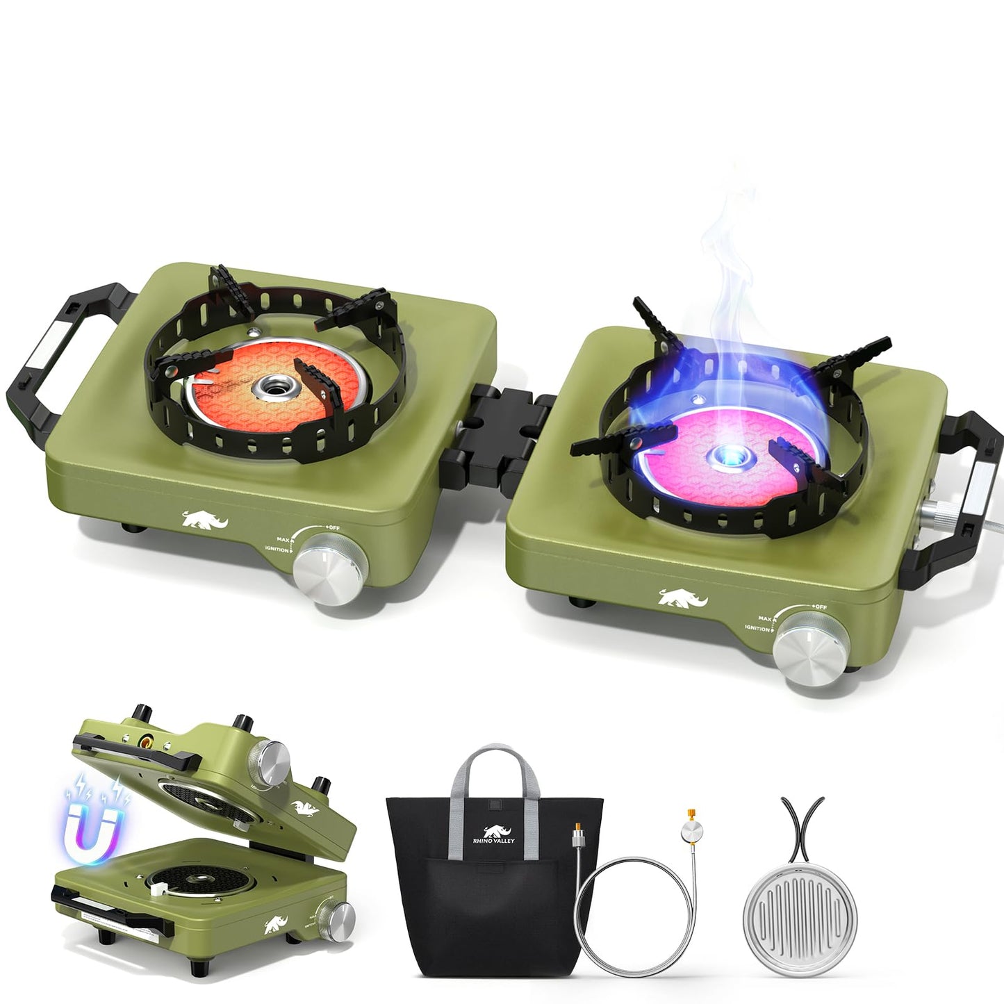 2 Propane Burners Camping Stove, 30,000 BTU Folding Camp Stove with Windproof Grates and Frying Pan, Portable Camping Stoves with Carrying Bag, Camping Essentials for Tailgating/Grilling/Coffee, Green