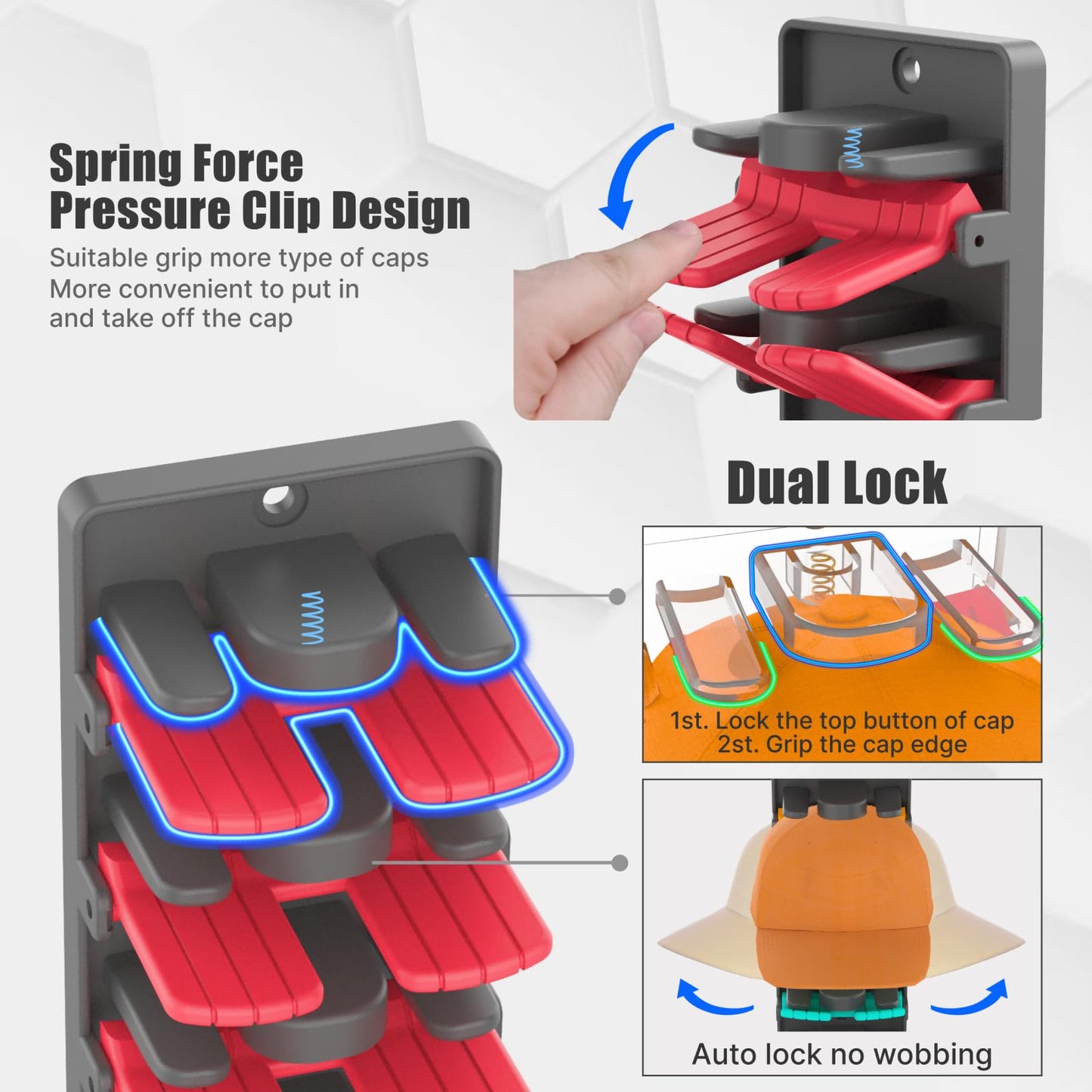 BRUBEQO Hat Organizer for Baseball Caps 2 Packs with Built Spring Clips - Wall Mount Closet Hat Rack Holder, Storage for Wall Door/Closet Display Hat Racks Hanger (Install by Adhesive & Screws)
