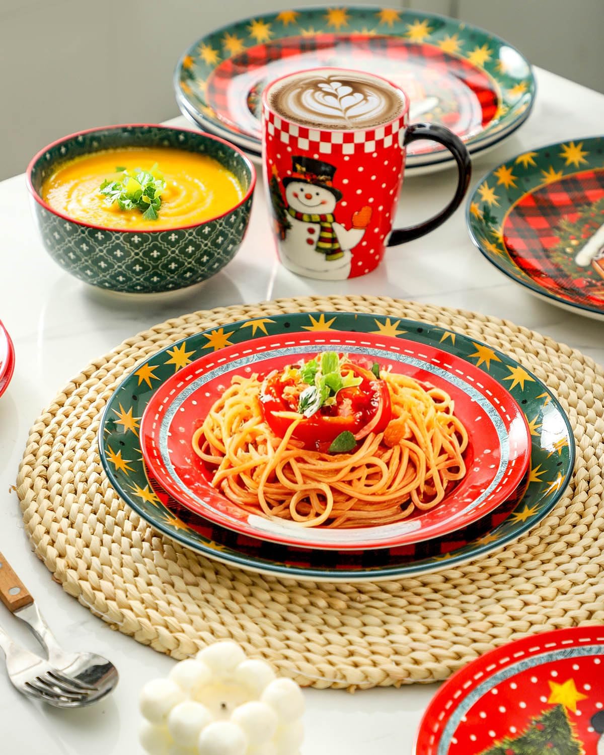 Hasense 16 Pcs Ceramic Dinnerware Sets, Holiday Coffee mugs Plates and Bowls Set for 4, Chip & Scratch Resistant Party Serving Dishes Microwave and Dishwasher Safe, Colorful