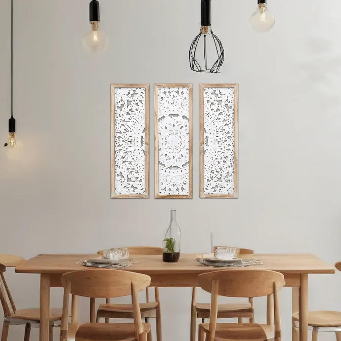 SwallowLiving 3D Layered Mandala Wood Wall Art Set of 3 – 23.6" Large Sacred Geometry Floral Sculptures, Intricately Carved Wood Panels for Meditation Room, Yoga Studio & Boho Decor, Distressed White