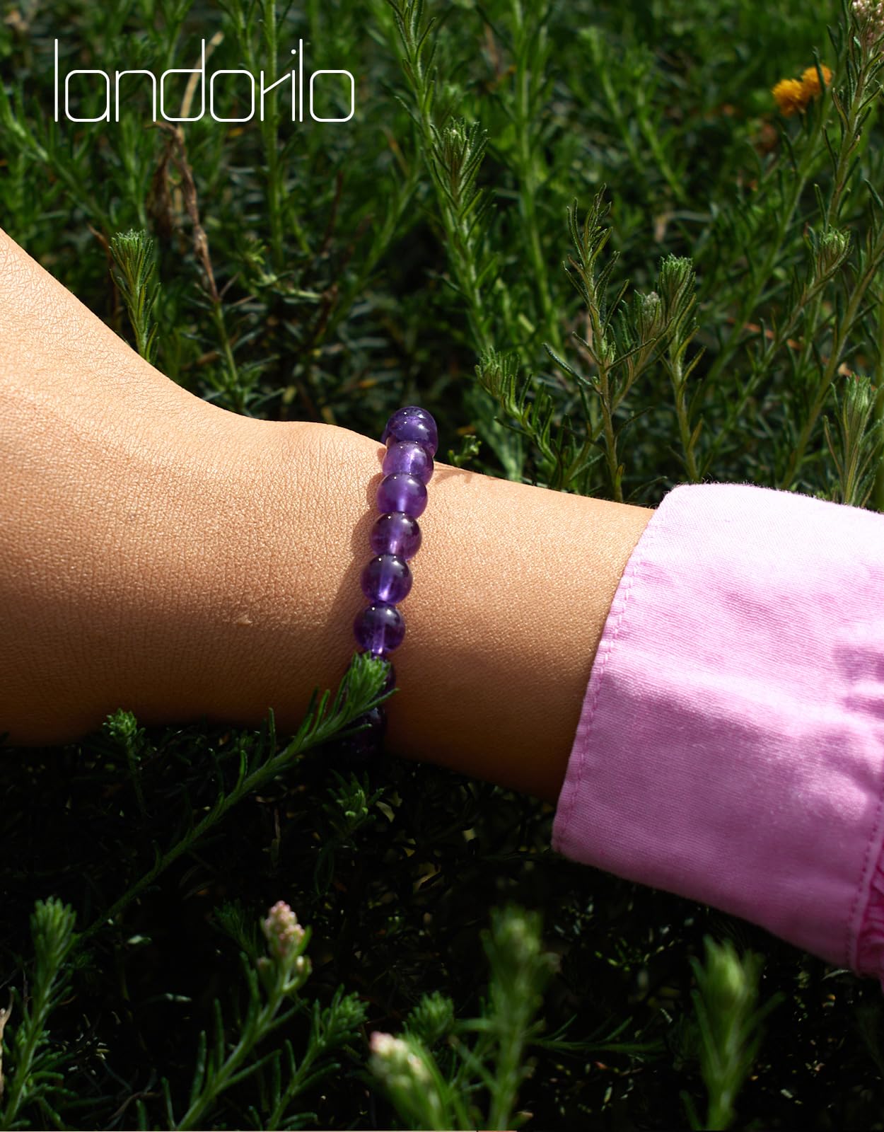 Landorilo Beaded Bracelet for Men Women, 8mm Natural Stone Amethyst Healing Crystal Stretch Bracelets, Ideal Christmas Birthday Jewelry Gifts with Energy Card，Replacement Beads Included