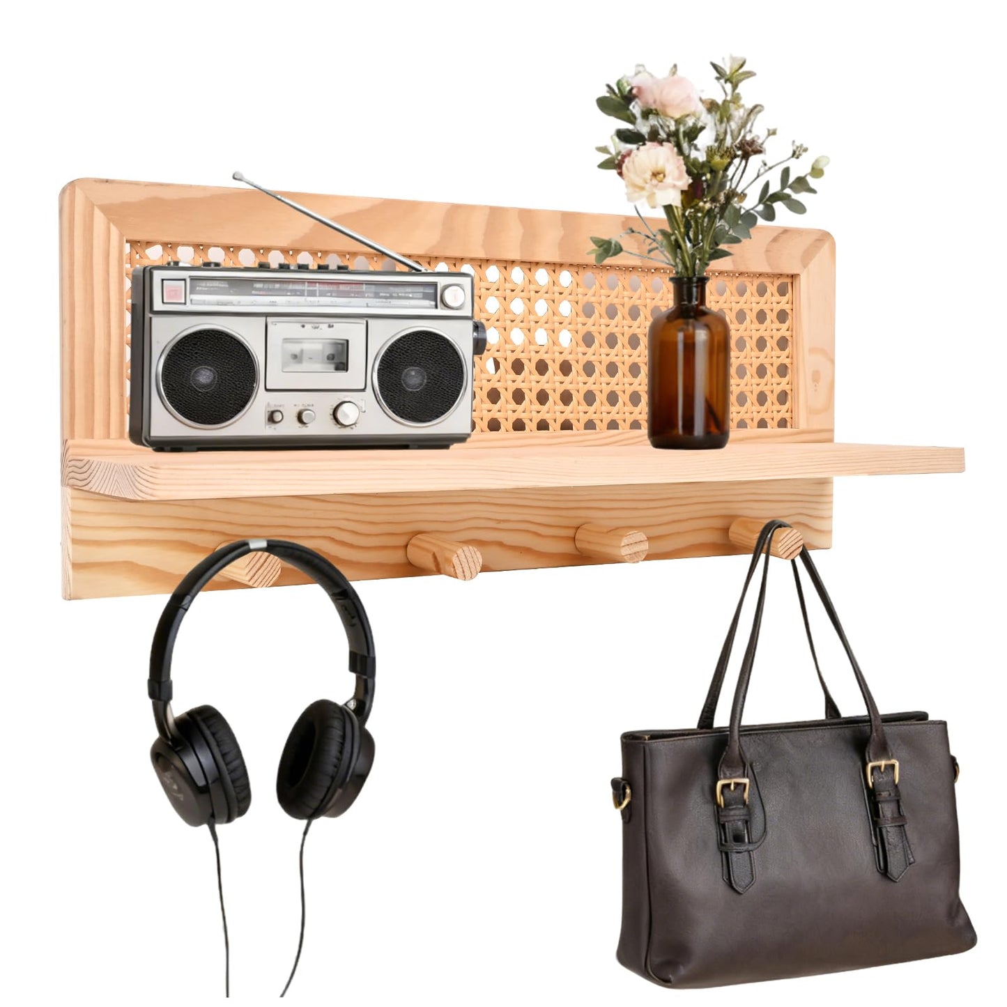 ZELURA Rattan Wall Shelf with Hooks, Boho Entryway Organizer, Floating Storage
