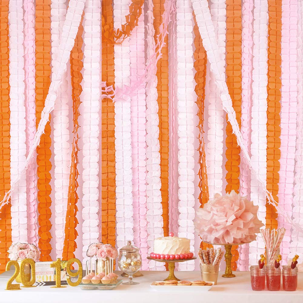 MerryNine Reusable Four-Leaf Clover Paper Garland, 6-Pack 11.8ft/3.6m Each, Pink White Orange Streamers for Party Wedding Decorations