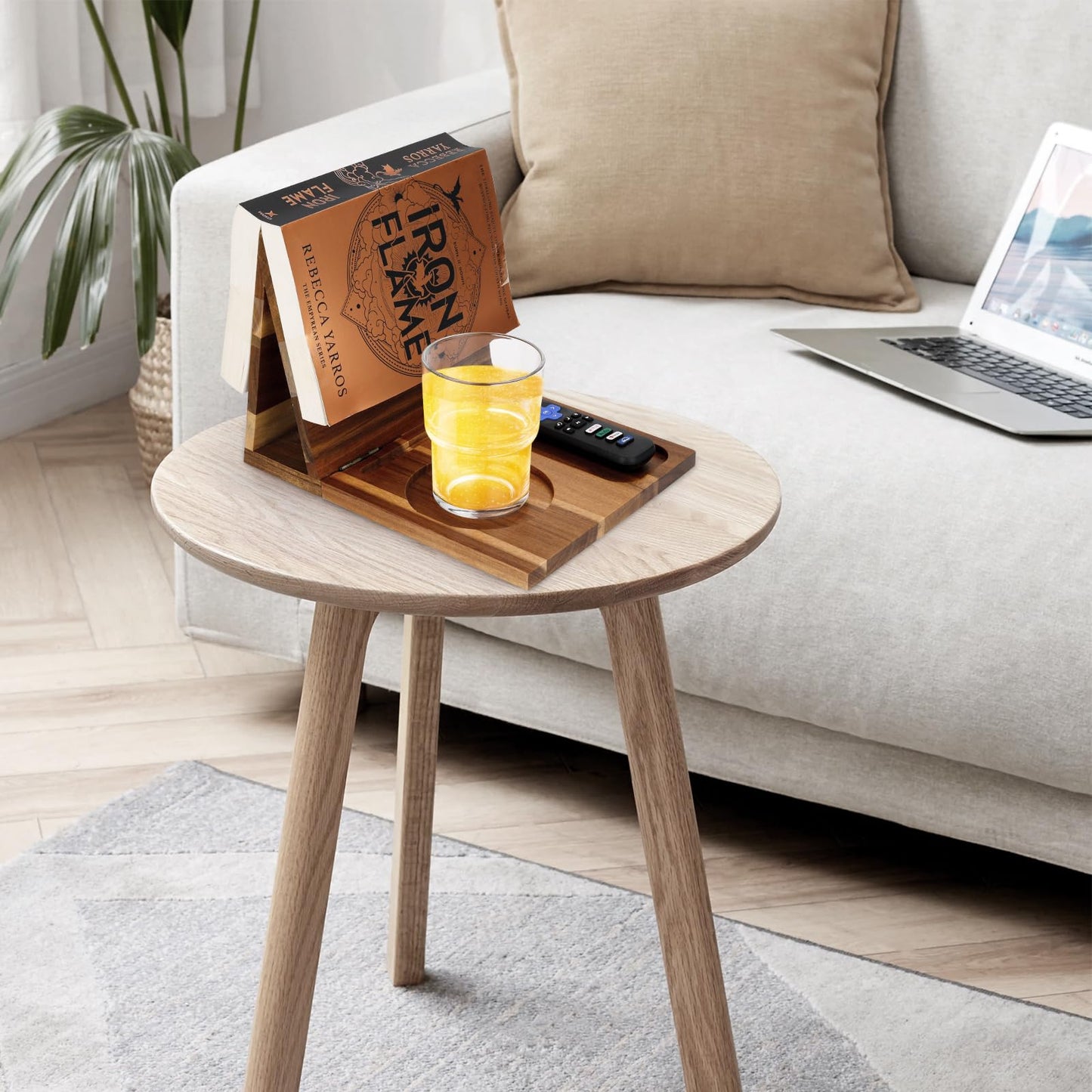 3HQ Wooden Book Stand for Reading Rest, Acacia Triangle Book Holder with Cup, Glasses, Pen & Phone Holder, Book Nook Reading Valet for Book Lover Gifts