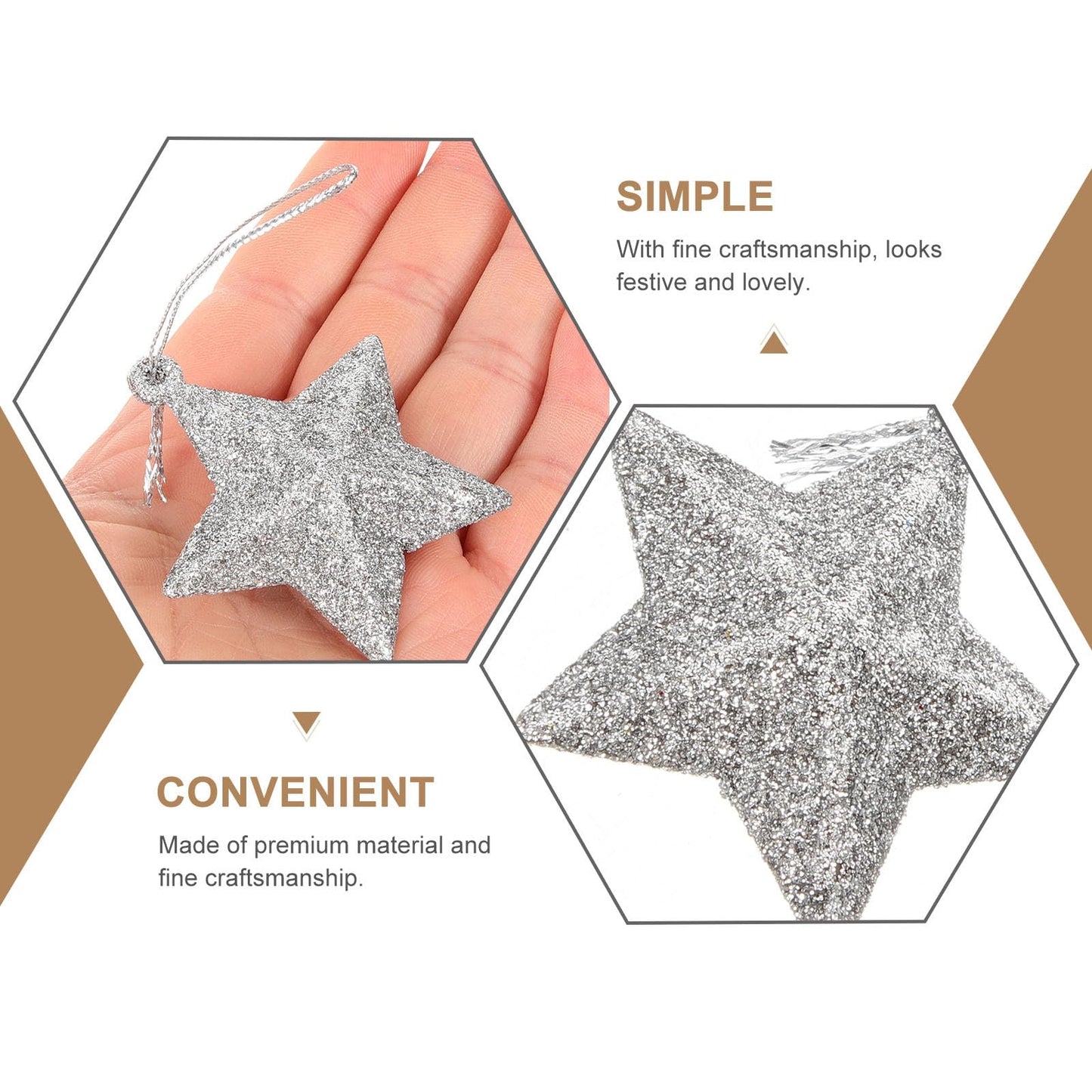 24Pcs Silver Glitter Star Ornaments Christmas Tree Mini Star Hanging Decoration Plastic Glitter Bulk Xmas Tree Pendant Embellishments for Holiday Parties Weddings Home Decoration