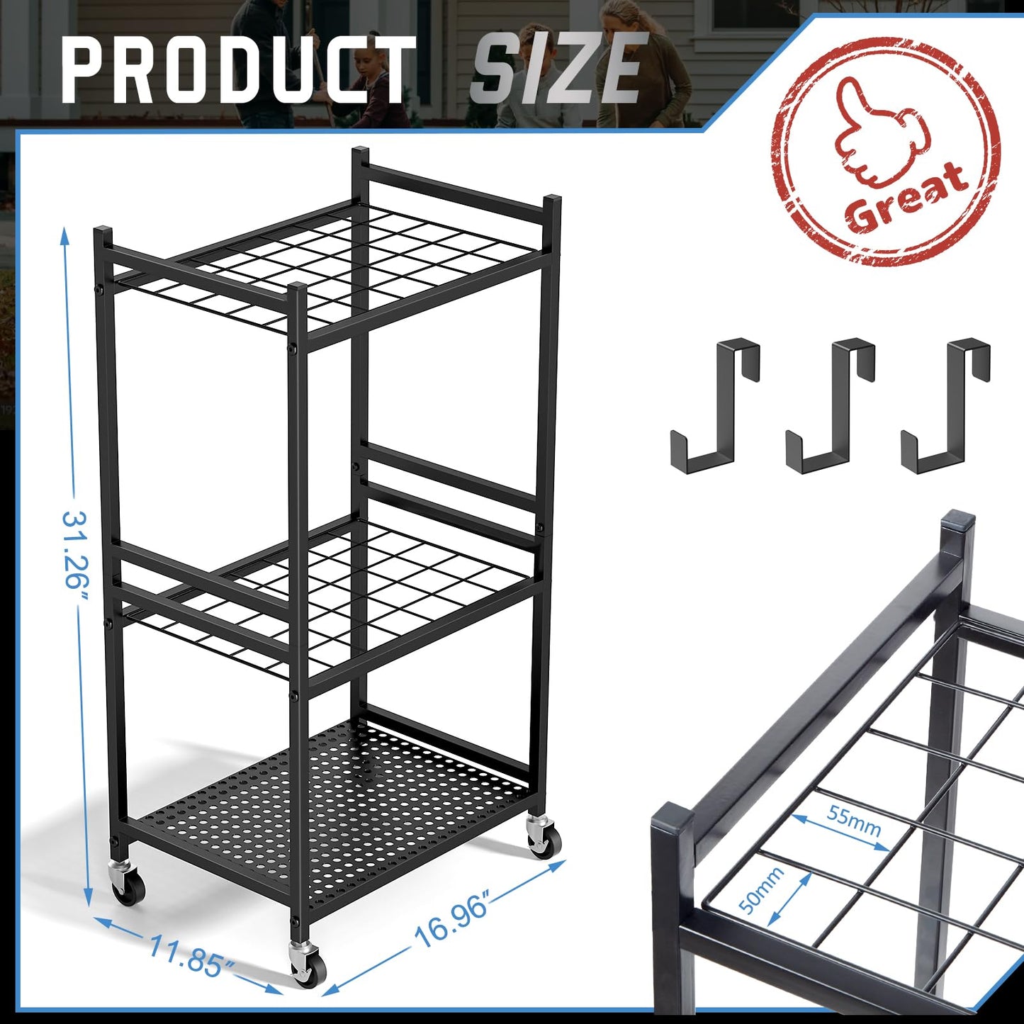 DAOUTIME Garden Organizer With Wheels, Yard Tower Rack for Garage Storage, Up to 35 Long-Handled Tools, Sturdy Metal Steel Holder With 3 Hooks, Outdoor, Black
