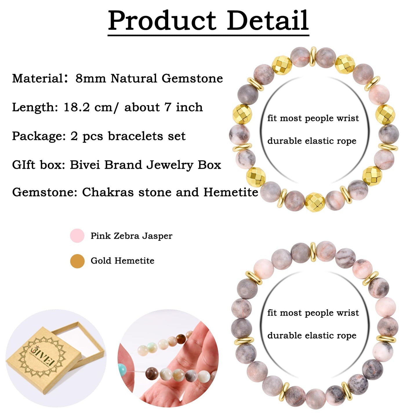 Bivei Natural Gemstone Semi Precious Crystals Handmade Stretchy Round Beads Bracelet, Enhance Positive Energy,Stocking Stuffers for Women(Gold Tone Pink Jasper & Sakura Agate(Love) Medium)