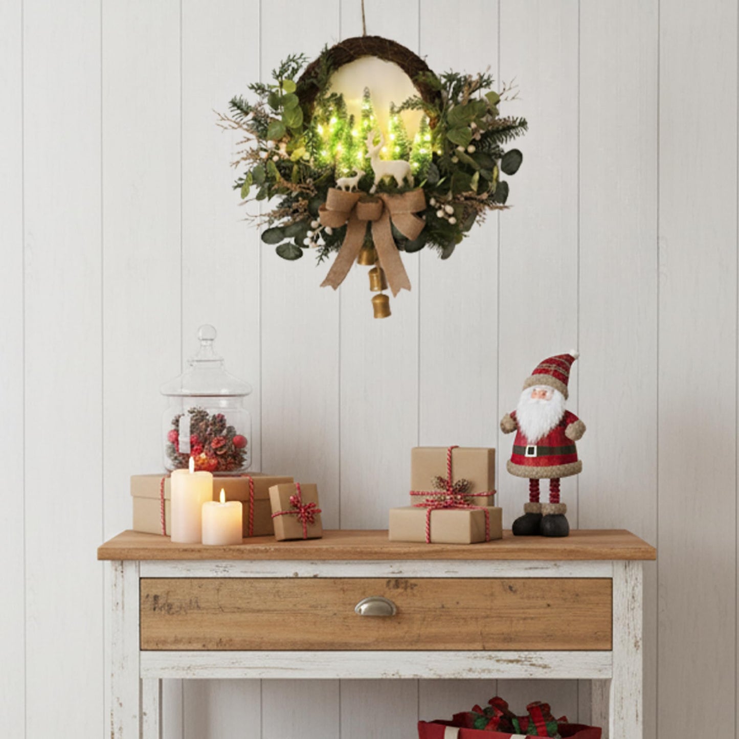 Lighted Christmas Wreath with LED Lights & White Deer, Bottle Brush Trees, Burlap Bow and Bells, Artificial Greenery Front Door Holiday Decoration with Timer