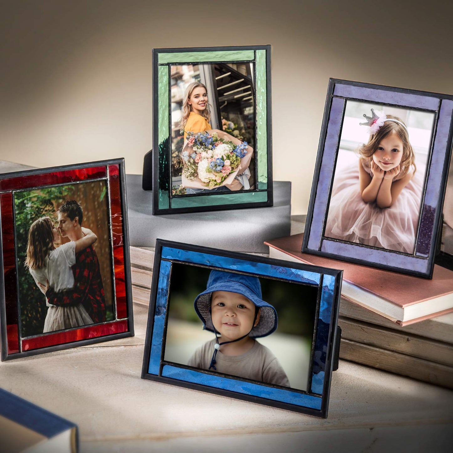 Blue Picture Frame Stained Glass Easel Back 4x6 Photo Display Horizontal Vertical Home Decor Graduation Gift for Women or Men Family Vacation Pic 324-46HV