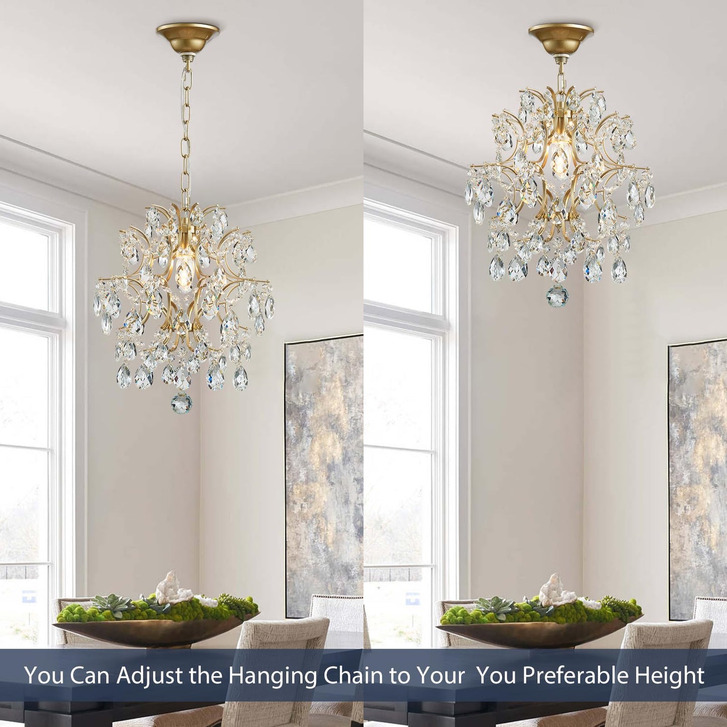 Bestier Gold Modern Pendant Chandelier Crystal Raindrop Lighting Ceiling Light Fixture Lamp for Dining Room Bathroom Bedroom Livingroom entryway 1 E26 Bulbs Required D13 in x H16 in