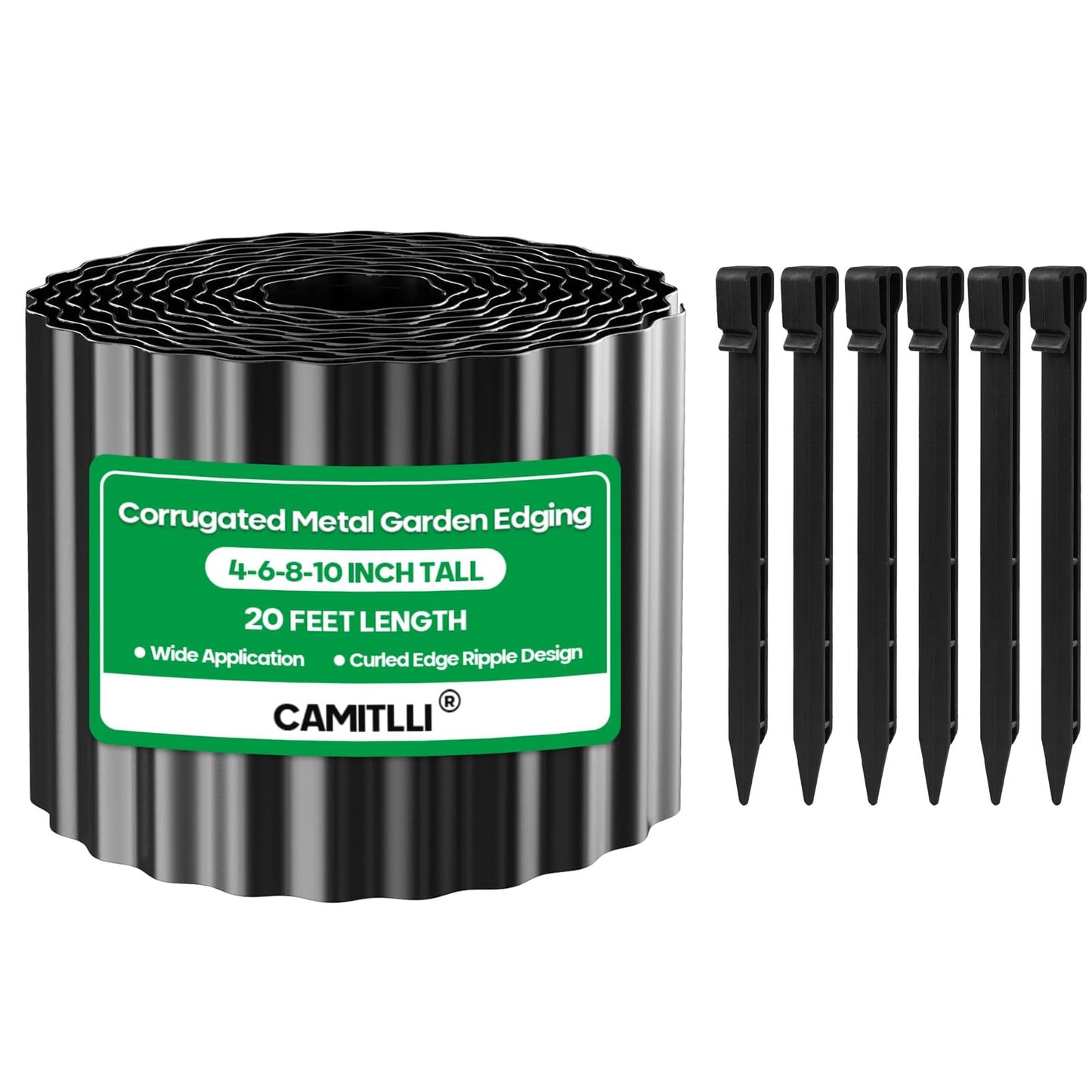 Camitlli Corrugated Metal Garden Edging,Sturdy Tall Landscape Edging Borders with 6pcs Anchor Stakes, Perfect DIY for Flower Beds, Lawn and Pathway,Tree Surrounds,Paver Edges (Black 8"×20FT)