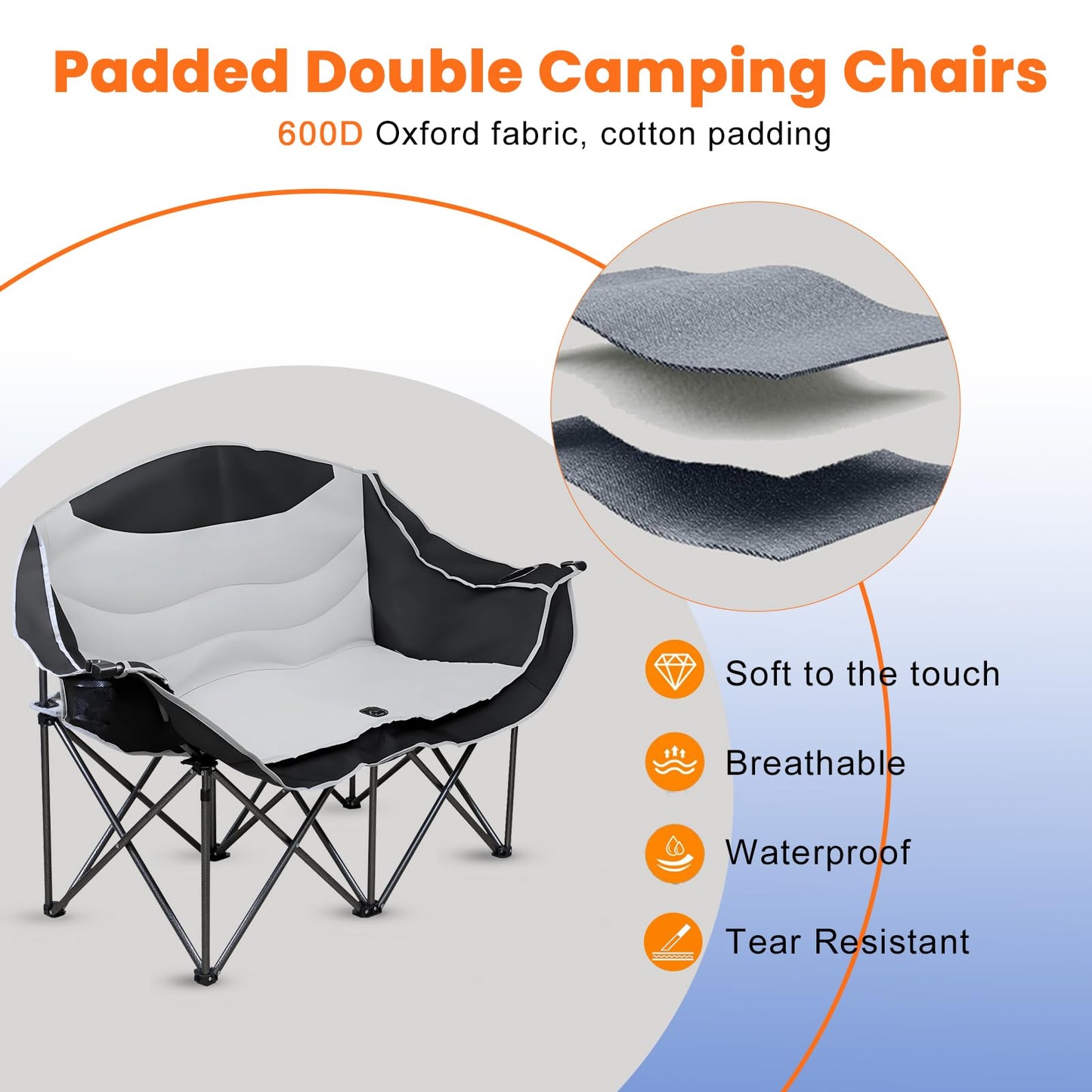 OTIATrail Double Camping Chair Loveseat with Cup Holders, 2 Person Folding Outdoor Chair, 550lbs Heavy Duty, 600D Oxford Fabric Padded 2 Seat, Portable Camping Couch for Camp/Lawns/Sports Grey