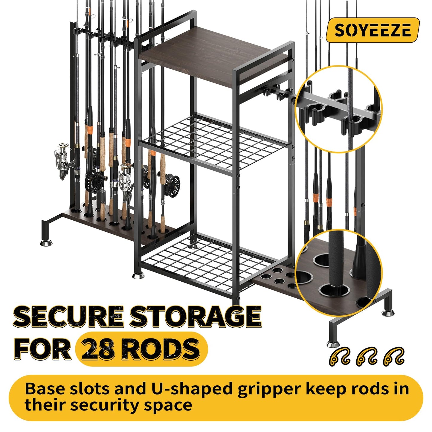 SOYEEZE Fishing Rod Holder for 28 Rods, Ground Stand Fishing Pole Holders for Garage, 3-Sided Vertical Fish Rod Rack for Tackle Box, Fishing Supplies,a Display Fish Gear Storage Gift