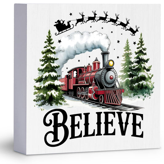 WIKERL Merry Christmas Wooden Box Sign Plaque, Santa Sleigh Decor Believe in Tree Wood Block Sign, Train Winter Holiday Decoration for Home Office Desk Table Shelf Wall
