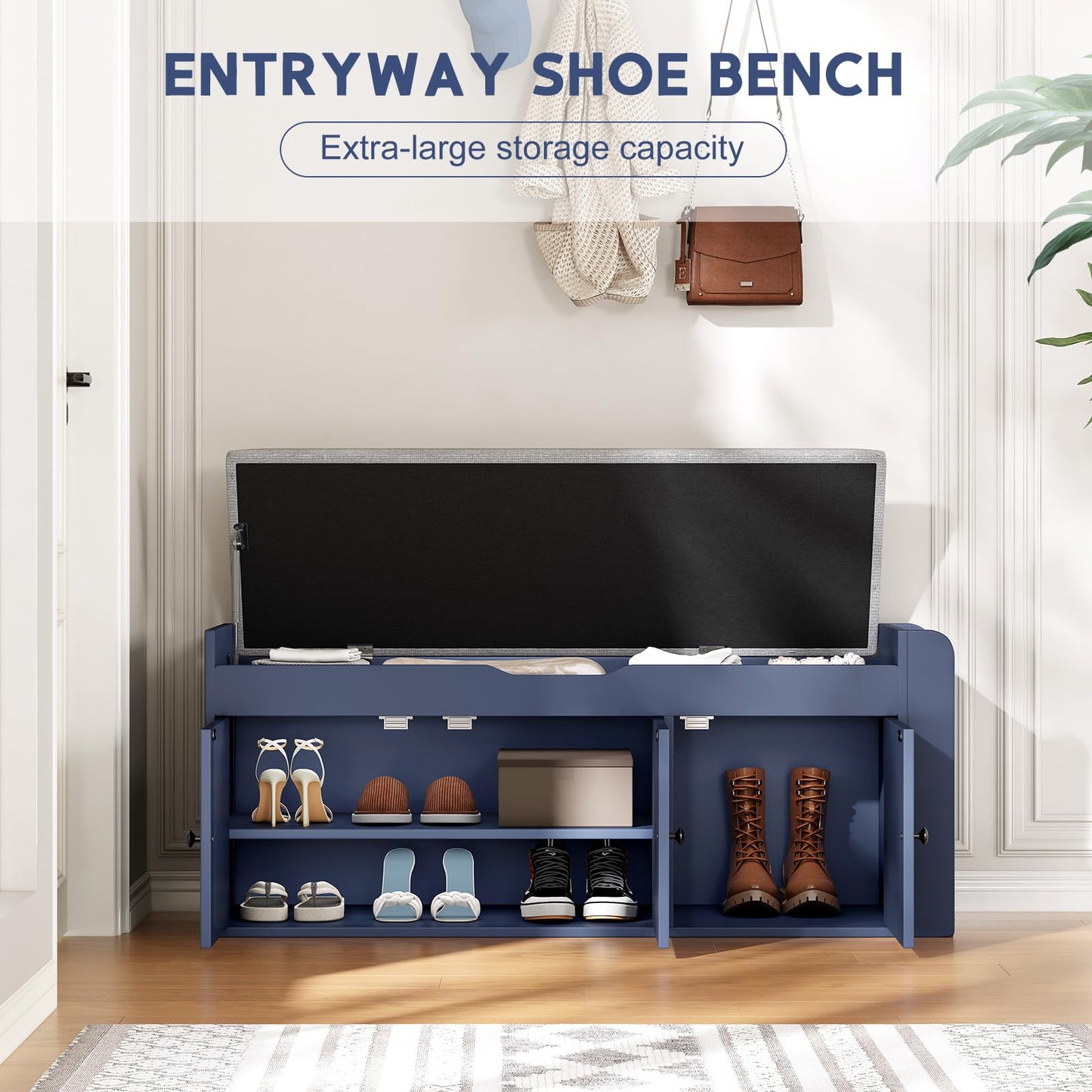 HOTAMO 42.6" Storage Bench - Entryway Shoe Bench with Side Storage Shelves and 3 Doors, Multifunctional Entryway Bench with Lift Top Cushion, Shoe Storage Bench for Bedroom, Living Room, Blue