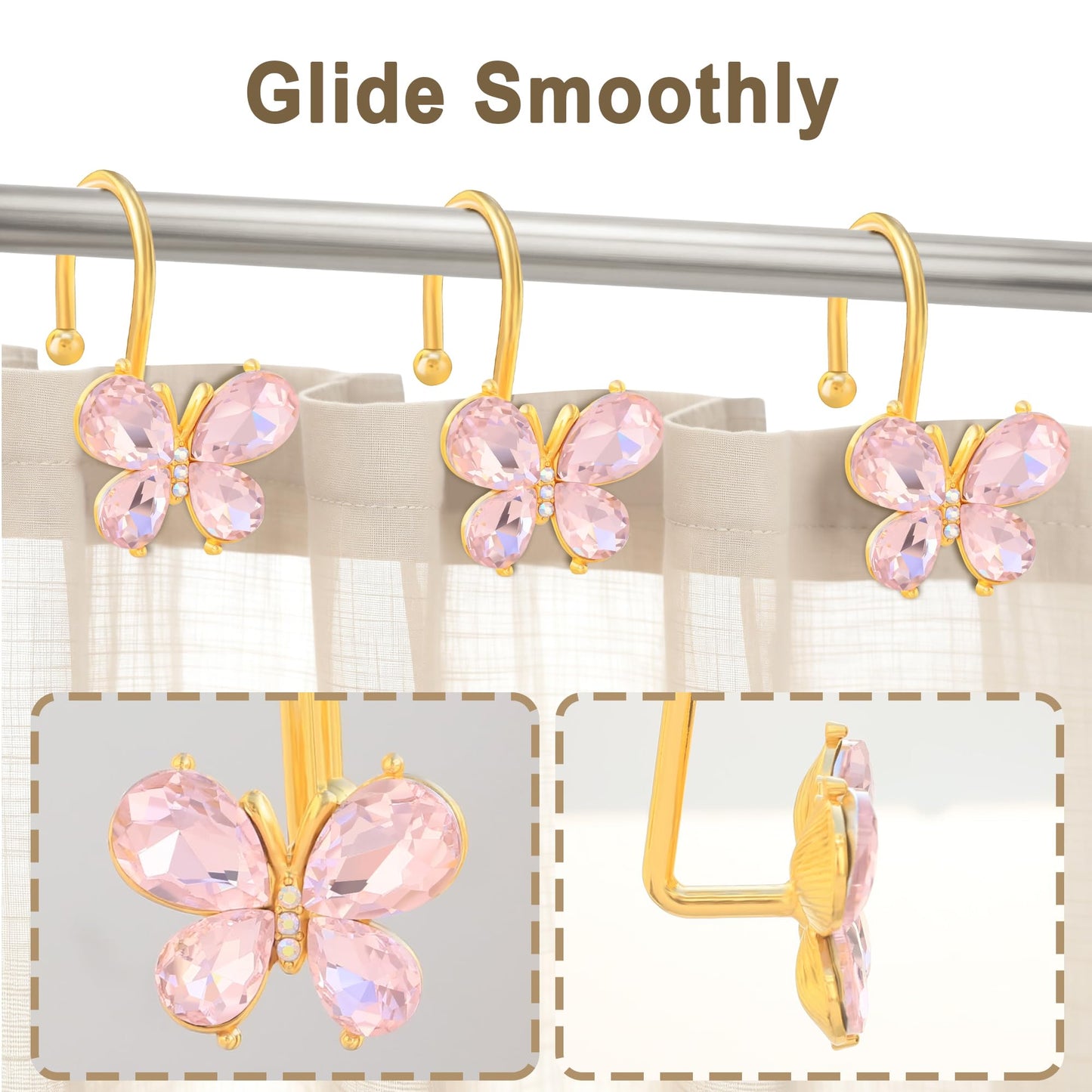 LUMITI Shower Curtain Hooks,12Pcs Rust Resistant Glitter Crystal Butterfly Metal Decorative Shower Rings Hangers for Bathroom Curtains, Clothing, Towels (Pink)