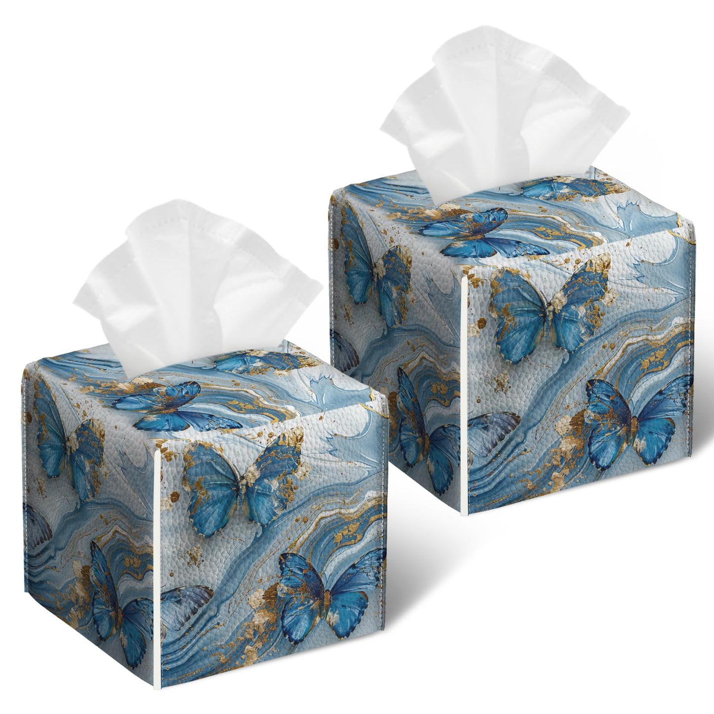 Blue Butterfly Tissue Box Cover 2PCS, Marble Leather Tissue Box Holder Square Facial Paper Case Tissue Box Cube Organizer for Bathroom Bedroom Desk Office