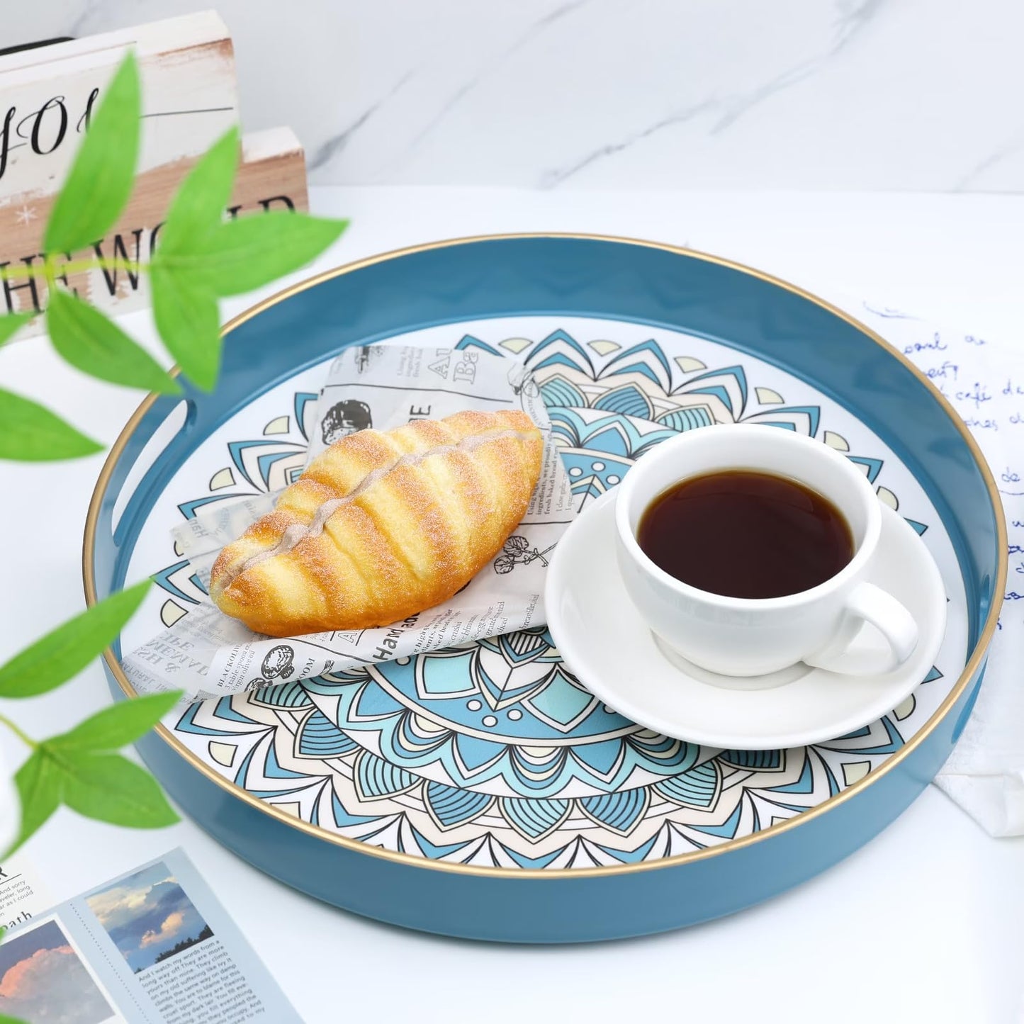 SforGUVA Round Cyan Decorative Tray for Coffee Table, Ottoman, 13” Plastic Serving Platter Tray with Handles for Entertaining, Living Room