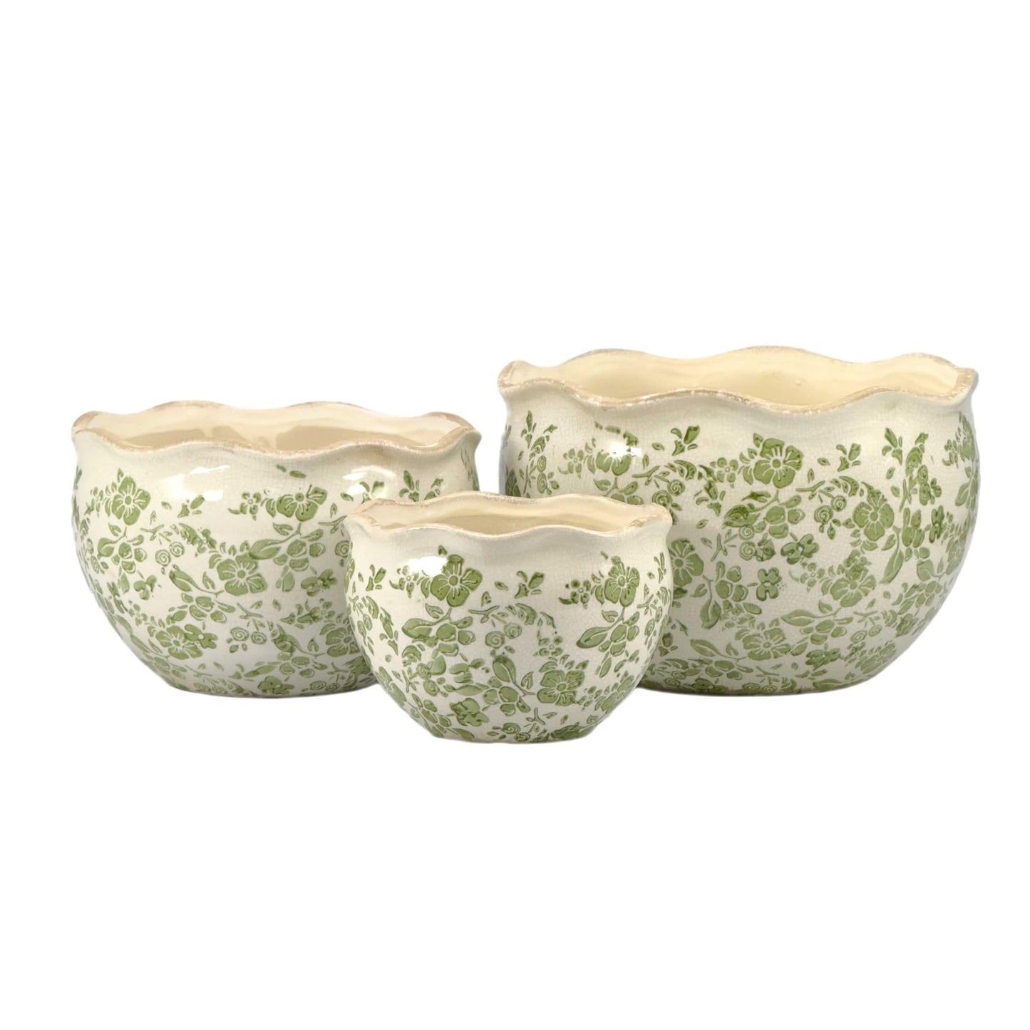 Galt International Ceramic Plant Pots Set of 3 Rustic Vintage Farmhouse Cream Crackle Glaze (11"/ 9.6"/ 7") Garden Indoor Outdoor Flower Planter w/Drainage Hole (Vintage Green)