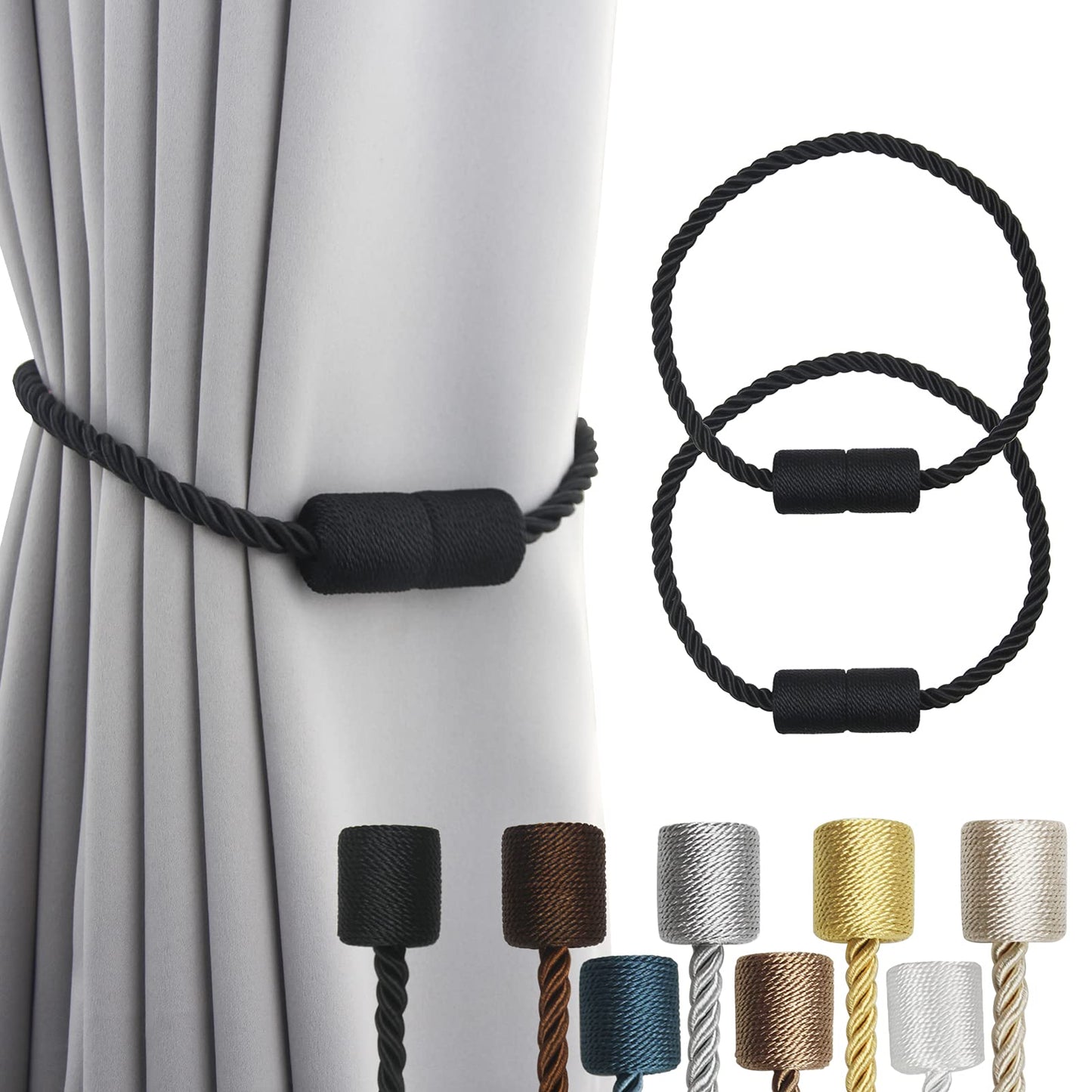 Porlau 2 Pack Black Strong Magnetic Curtain Tiebacks Outdoor Elegant Decorative Tie Backs Modern Rope Tiebacks for Drapes Window Curtain Holdbacks for Draperies