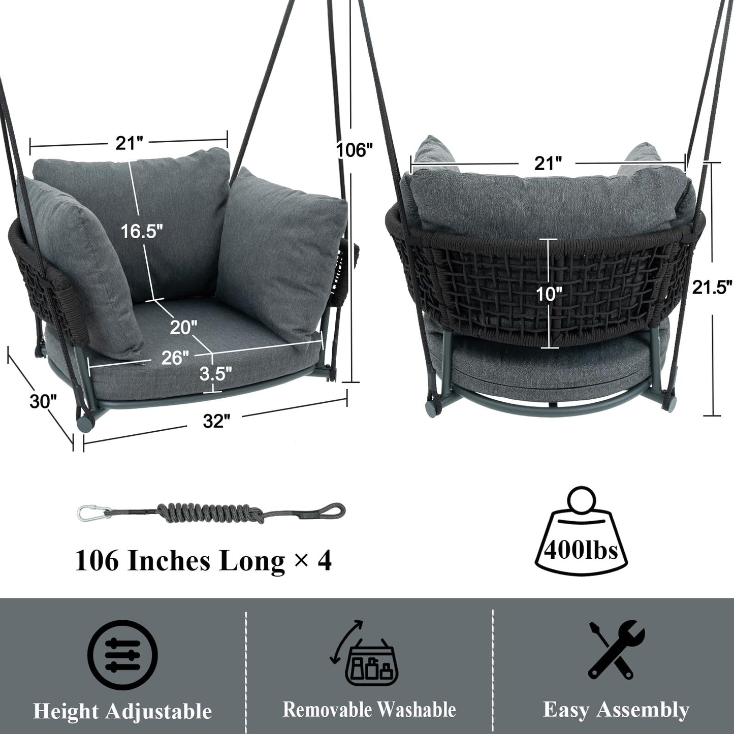 DAYAOUTDOOR Single Porch Swings Chair with Cushions, Hanging Rope Swing, Hanging Chair for Bedroom, Hammock Chairs Swing Indoor & Outdoor, Macrame Hanging Swinging, Patio, Balcony, Dark Grey