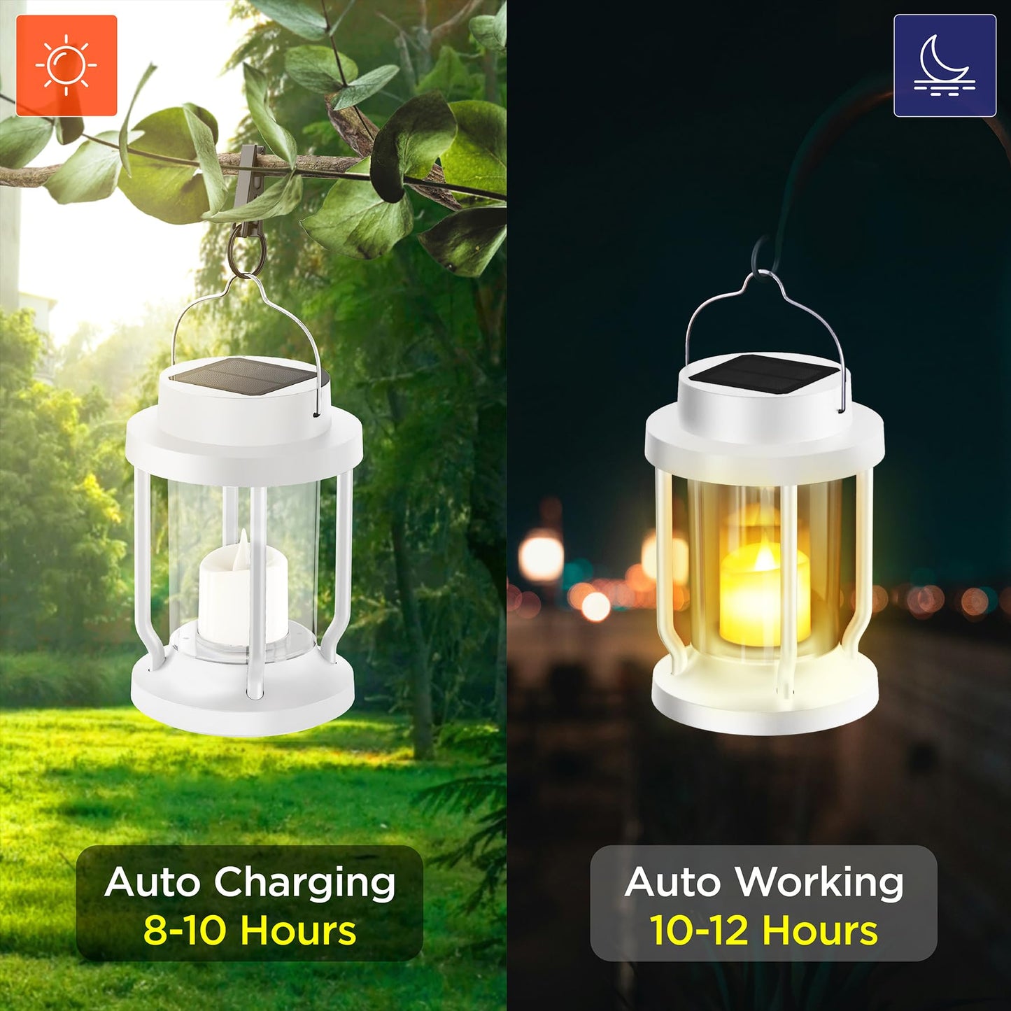 FriutShine Solar Lantern Outdoor & Indoor Use – Hanging Solar Lights with Realistic Flickering Flameless Candle, Weatherproof for Gardens, Patios, Trees, and Lawns (White, 2 Pack)