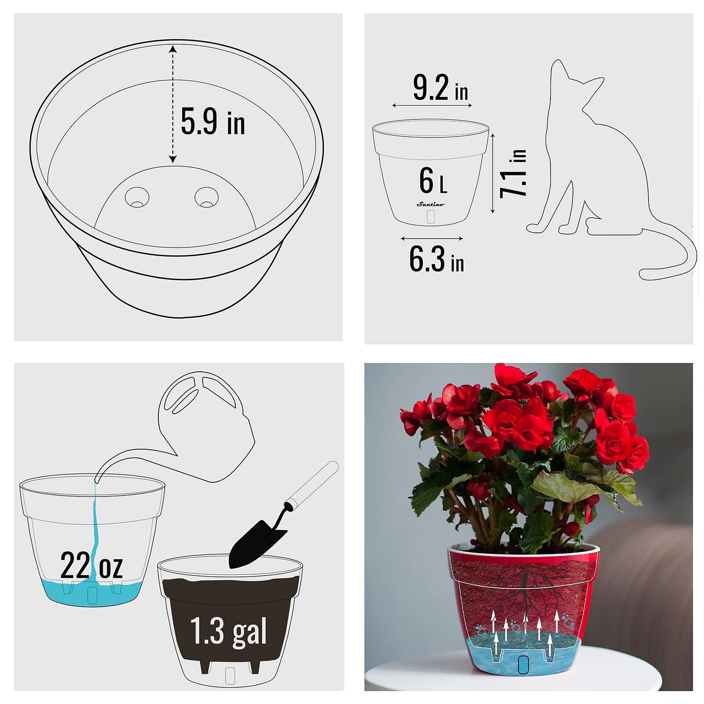 Santino ASTI 9.2 Inch Self Watering Planter Menthol/White for Indoor Plants - Premium Quality Modern Plastic Pot w/Water Level Indicator for All House Herbs, Plants, African Violets and Dahlias