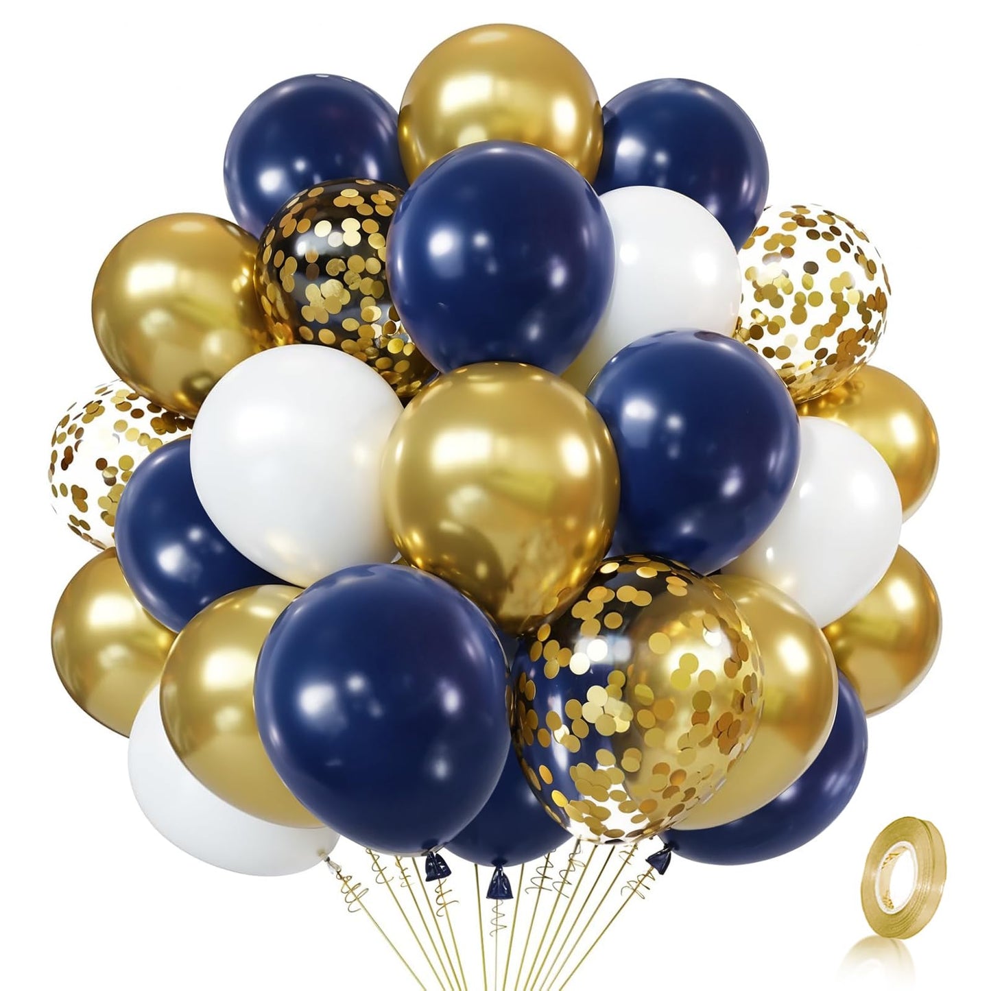 Zesliwy Navy Blue Gold Confetti Balloons Set,50pcs 12inch Royal Dark Blue Metallic Gold White Latex Balloons with Ribbon for Birthday Wedding Graduation Bridal Shower Party Decorations