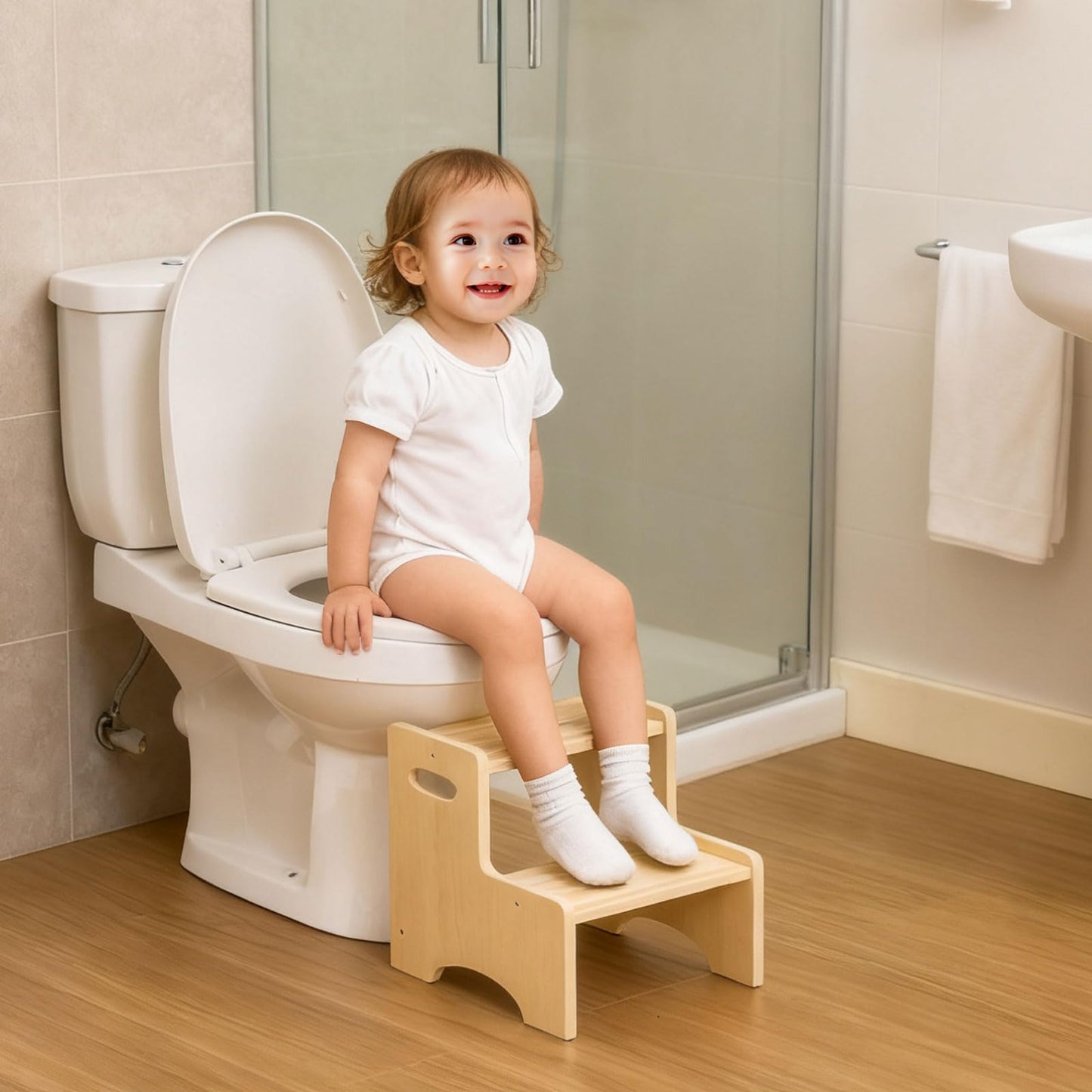 Wooden Toddler Step Stool for Kids, Two Step Stool with Non-Slip Pads & Handles, Potty Training Stool for Bathroom Sink, Toilet, Kitchen, Bedroom (Natural)