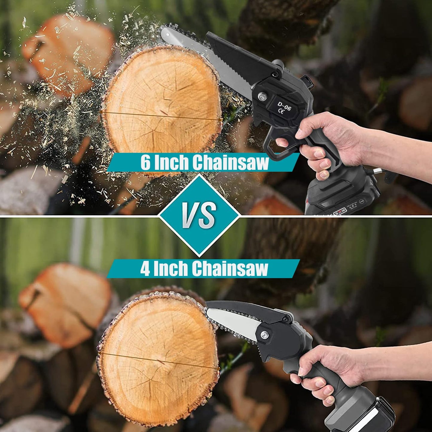 6 Inch Mini Chainsaw, Cordless Electric Chainsaw with 2 Battery, Handheld Mini Chain saw with Security Lock for Wood Cutting Tree Trimming Gardening, Black