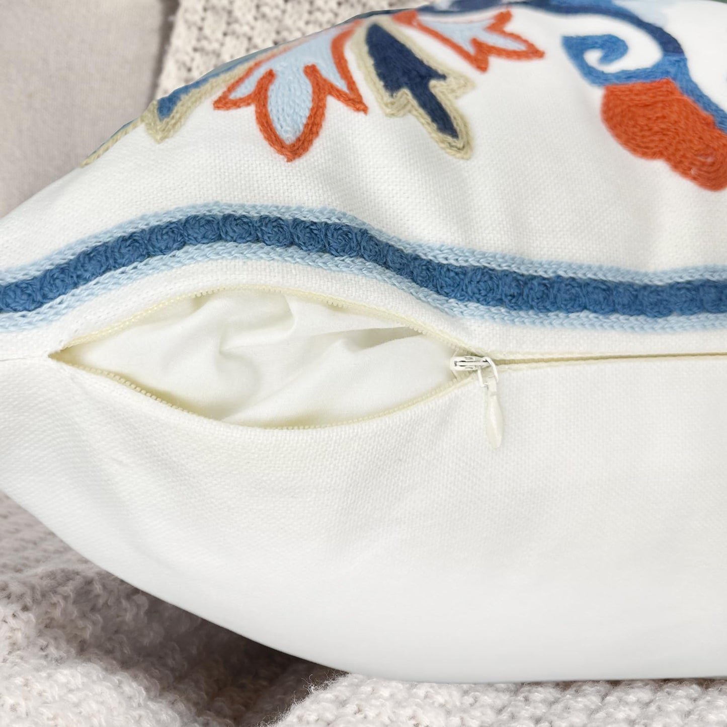 Alysheer Embroidered Fall Decorative Throw Pillow Cover 18"x 18" Set of 2, Boho Navy Blue Floral Embroidery Patterned Cotton Cushion Case for Sofa Couch Living Room Bedroom Outdoor