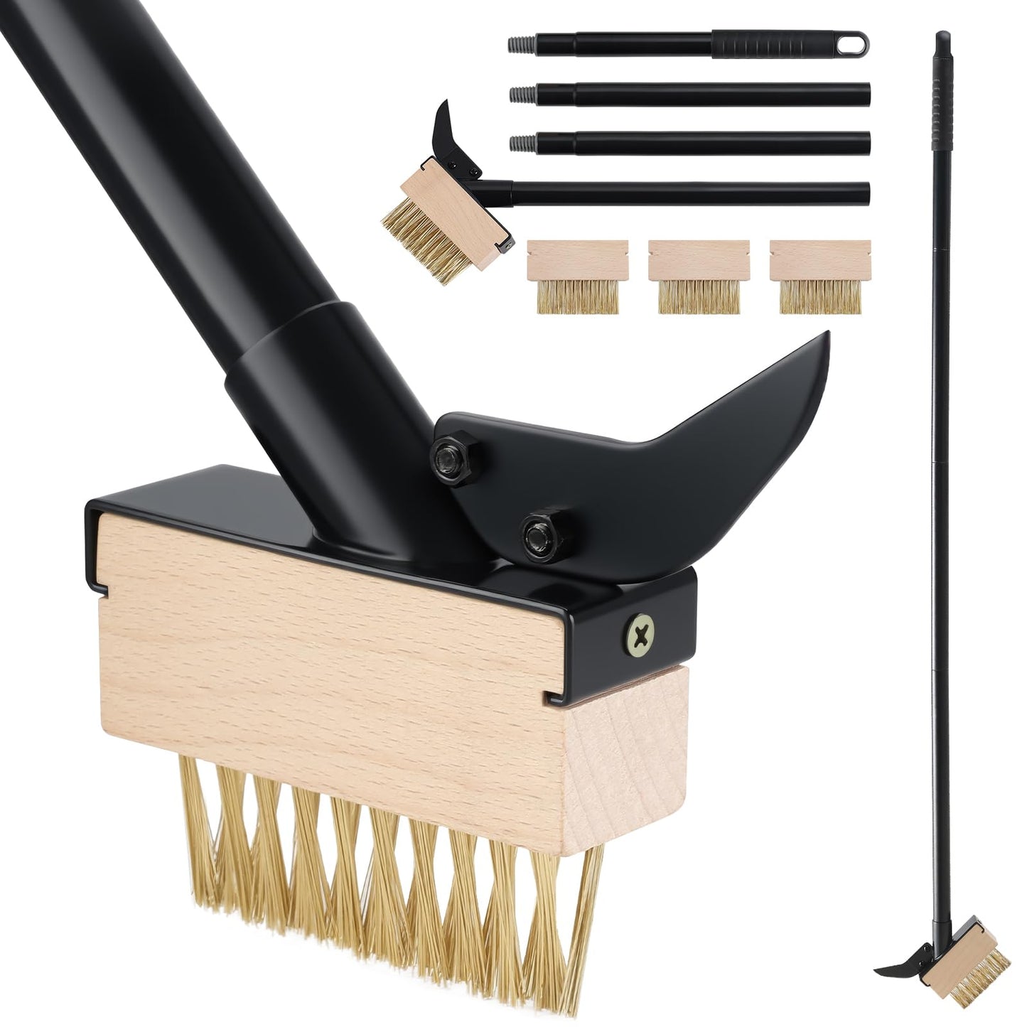 Mitclear Weed Moss Remover Brush with Long Handle(50IN), Crack Weeder Moss Removal Tool with Wire Brush & Scraper, Weed Puller Crevice Cleaning, Remove Weeds on Roof Deck Driveway Paver(4 Brushes)
