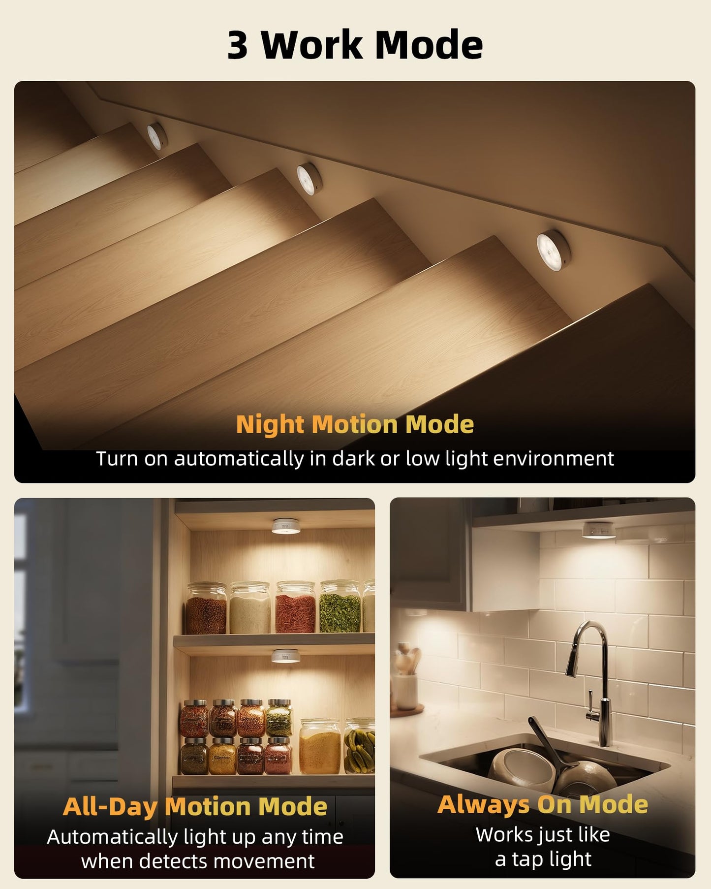 EZVALO 4 Pack Motion Sensor Closet Lights, 1200mAh USB-C Rechargeable LED Puck Lights, Under Cabinet Lights, Night Lights, Dimmable, 3 Color Temps, Magnetic, Stick-On for Closet, Stairs, Cabinets