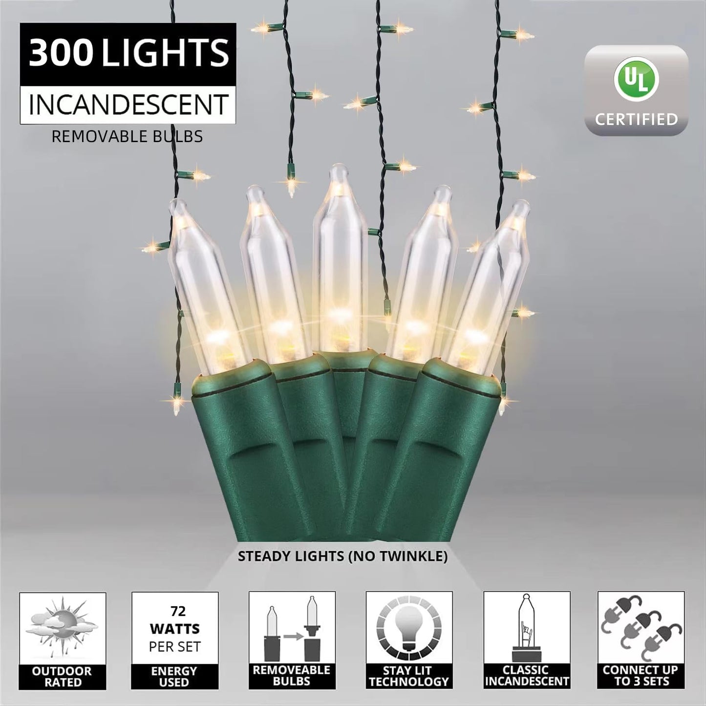 LAMPHOME 27 FT 300 Clear Icicle Lights - Green Wire, Indoor/Outdoor Christmas Light