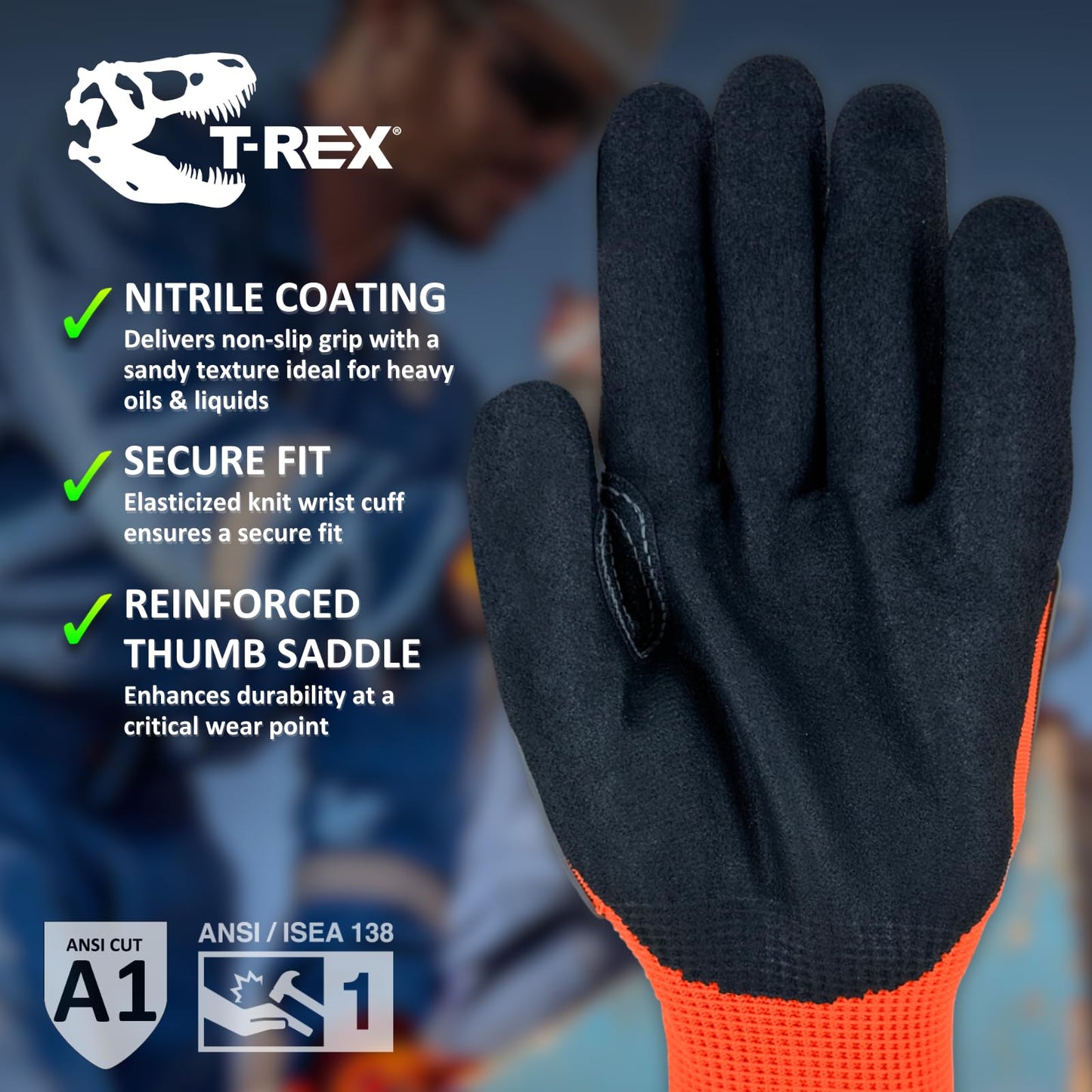 MAGID T-REX Flex Series Sandy Nitrile Coated Knit Impact Gloves, 1 Pair, 9/Large, TRX400
