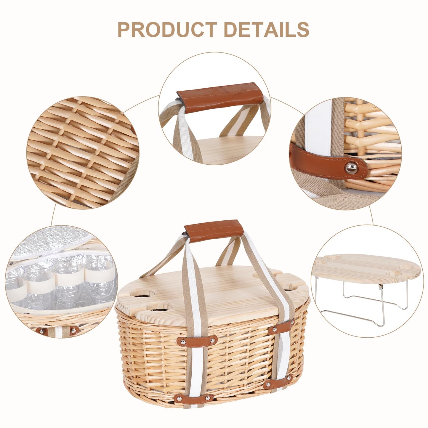 Zettfuly Picnic Basket Set for 4 - Wicker Insulated Picnic Basket with Folding Wine Table, Wine Picnic Kit with Liner for Couples, Camping, Outdoor, Valentine (Cherry)