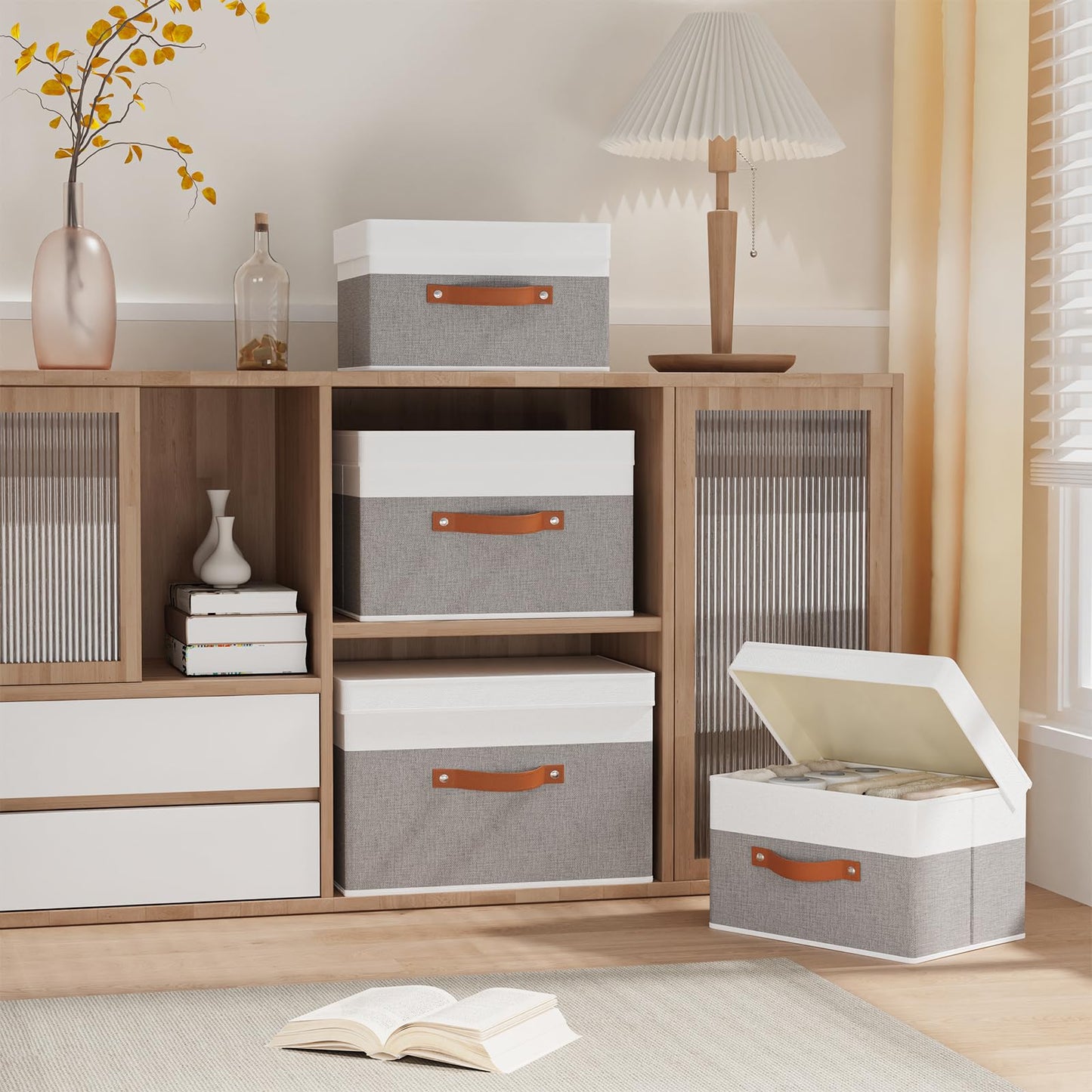 YheenLf Fabric Storage Bin, Storage Basket with Lids, Closet Organizer Box with Handles for Shoes Books Towels, White and Grey, 1 Pack, 13 x 9.1 x 7.9 Inch