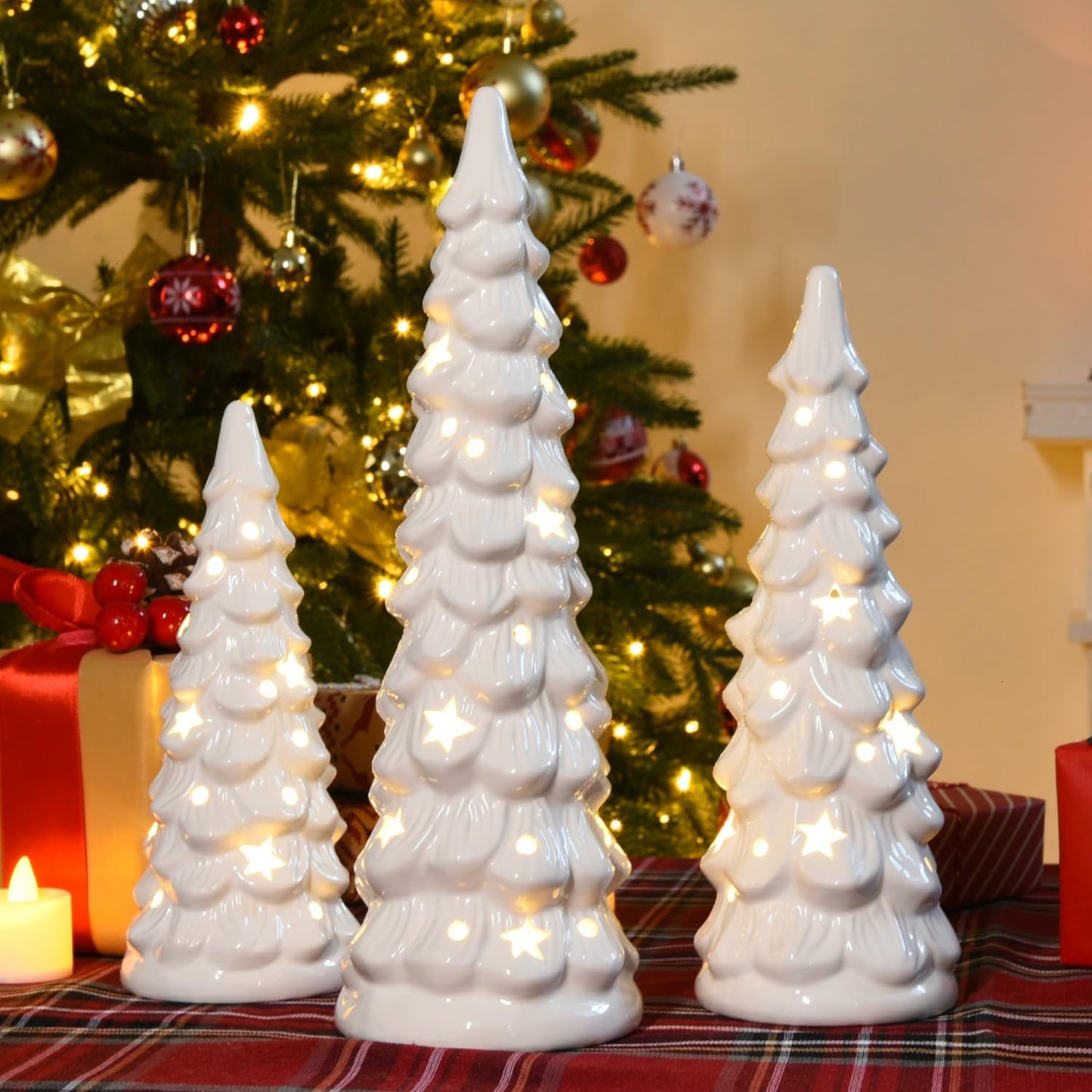 JETEHO Set of 3 White Ceramic Christmas Trees Tabletop Christmas Tree with Stars and Dots Cutouts Ceramic White Christmas Decorations for Home