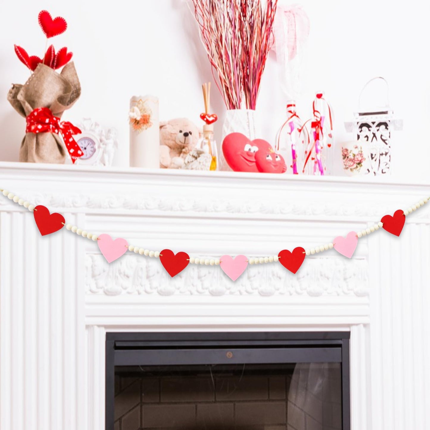 4.2 FT Felt Heart Wooden Beads Garland Valentine's Day Hanging Decorations, Romantic Beaded Tiered Tray Decor, Rustic Farmhouse Banner for Love Celebration, Shelf Display, Fireplace, Wall Decor