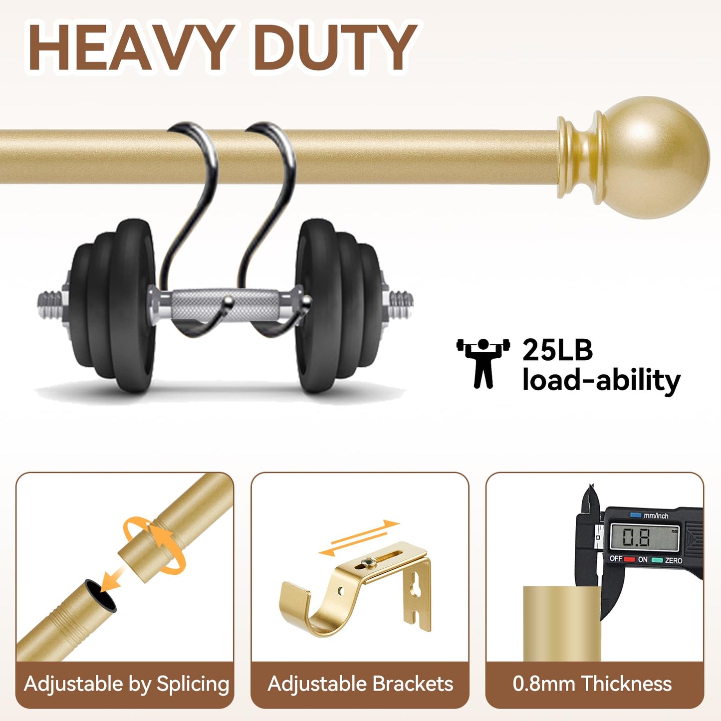 Gold Curtain Rod for Windows 28 to 48 Inch, 5/8 Inch Diameter Heavy Duty Splicing Adjustable Curtain Rods With Brackets, Easy to Install, Suitable for Bedroom, Patio and Outdoor