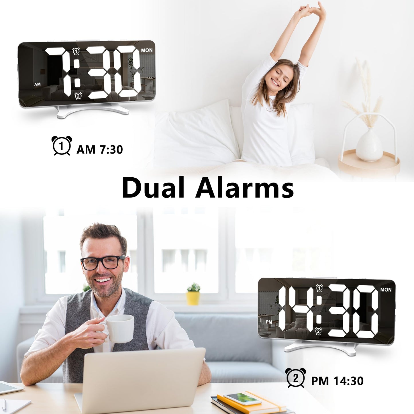 Risop Digital Alarm Clock for Bedroom, Mirror LED Display Bedside Clock with Adjustable Brightness, Dual Alarm & Snooze for Heavy Sleepers, USB Powered Desk Clock for Nightstand, Home & Dorm