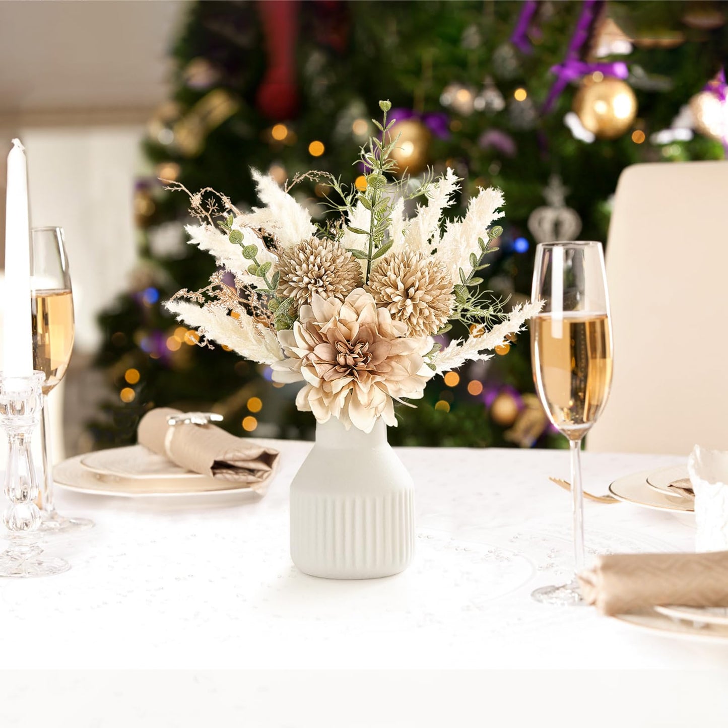 Mkono Small Artificial Flowers in Ceramic Vase 12.5" Centerpieces Coffee Table Decor, Silk Flower Arrangements for Home Decor Indoor Fake Flower Bouquet for Bathroom Dining Room Kitchen Wedding Brown