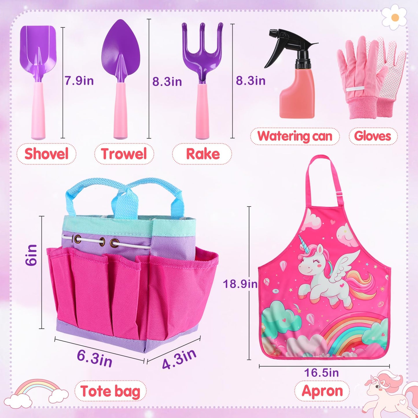 Kids Gardening Tool Set - Garden Tools for Kids with Shovel Trowel Rake Apron Gloves Watering Can and Tote Bag, Outdoor Toys Great Gifts for 3 4 5 6 7 8+ Years Old Girls (Unicorn Style)