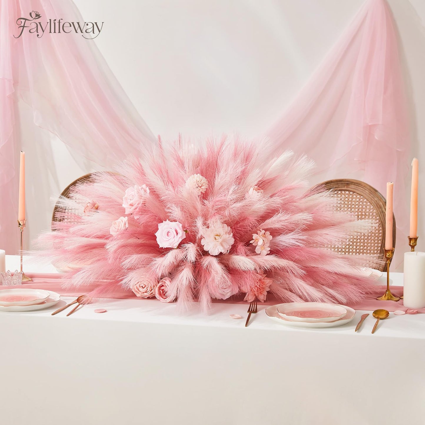 Faylifeway 50pcs Pampas Grass 17in for Living Room Decor, Blush Pink Pampas Grass Decor, Fluffy Pink Flowers for Home Birthday Bathroom Baby Shower Wall Bow Decor(Blush & Cream & Pink)