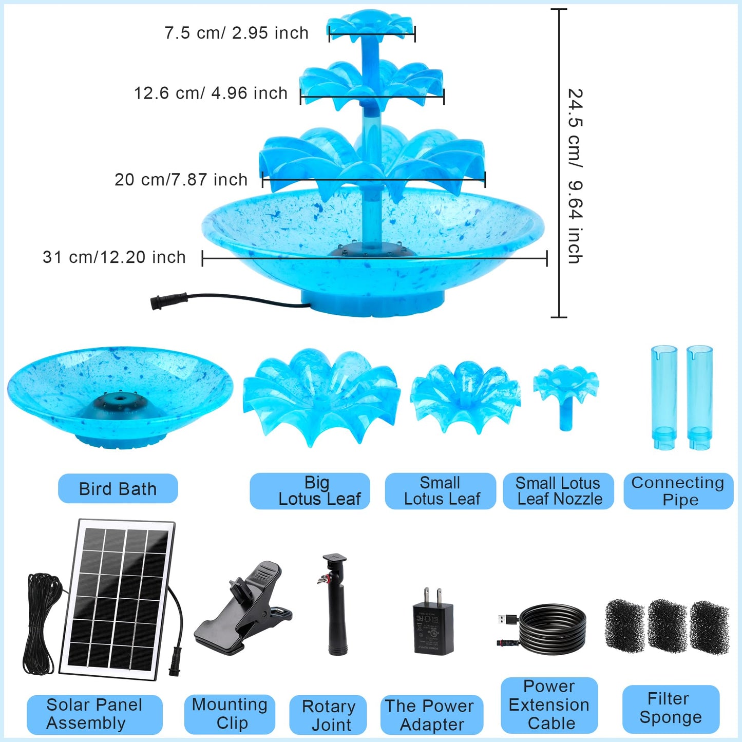 Yeomi 3-Tier Solar Fountain Pump with LED Lights, 24H Outdoor Water Feature, Detachable Design, Multi-Function Bird Bath Water Fountain for Garden Patio Yard Backyard Pond, 3.5W