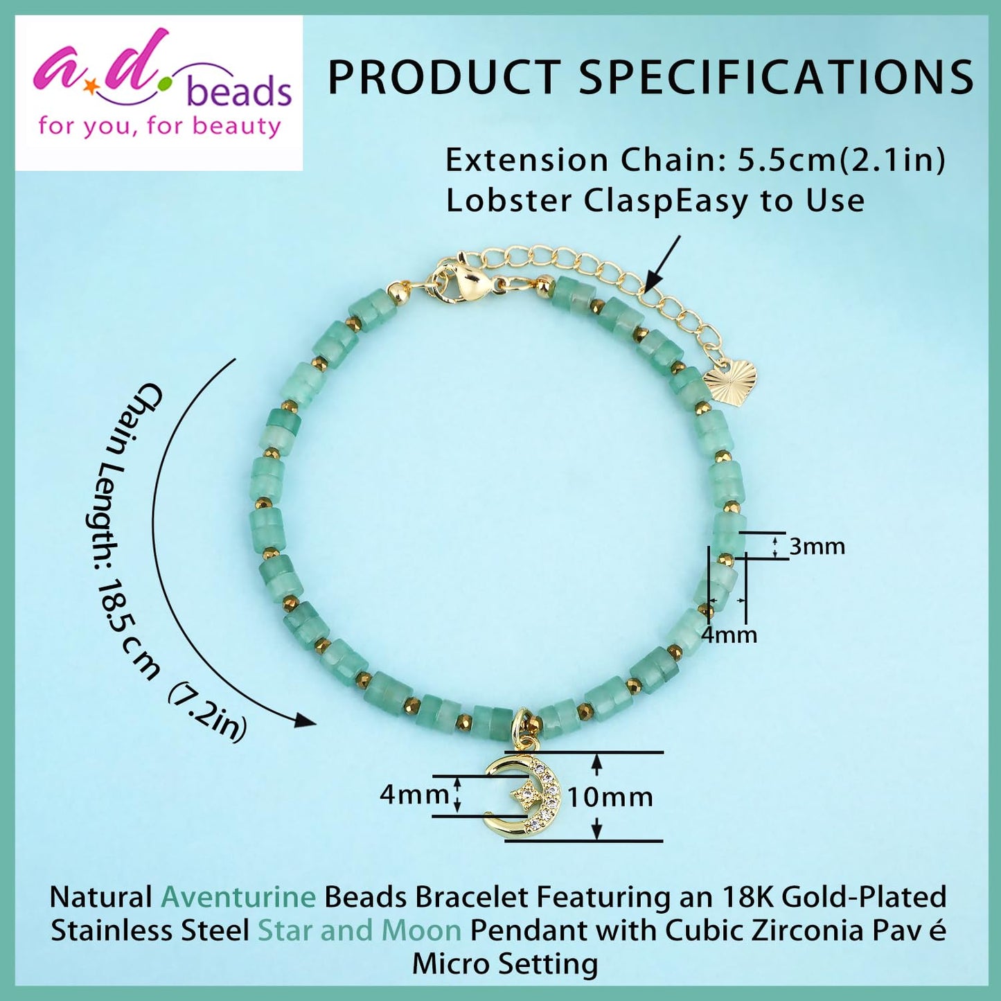 Natural Gemstone Healing Crystal Aventurine Dainty Charms Star and Moon Bracelet Adjustable Chain Extender Minimalist Jewelry