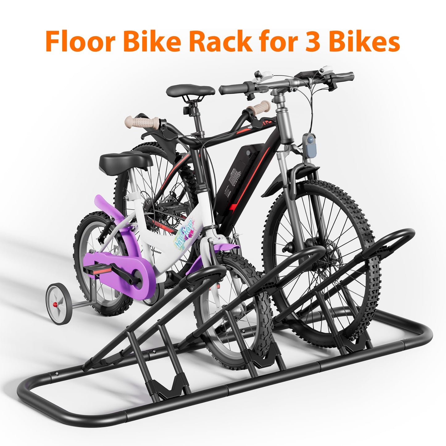 Mr IRONSTONE Bike Rack, Floor Storage Stand for Garage, Indoor/Outdoor Parking Holder, Fits Mountain, Road & Kids Cycles (Black, 3-Slot)