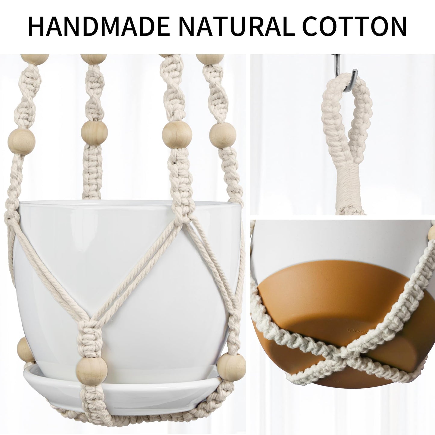 IDEEEPAN Macrame Plant Hanger - Fits 4 to 13 inches Pots for Indoor Outdoor, 35"/29"/23" Different Sizes Set, Ivory (POTS NOT Included)