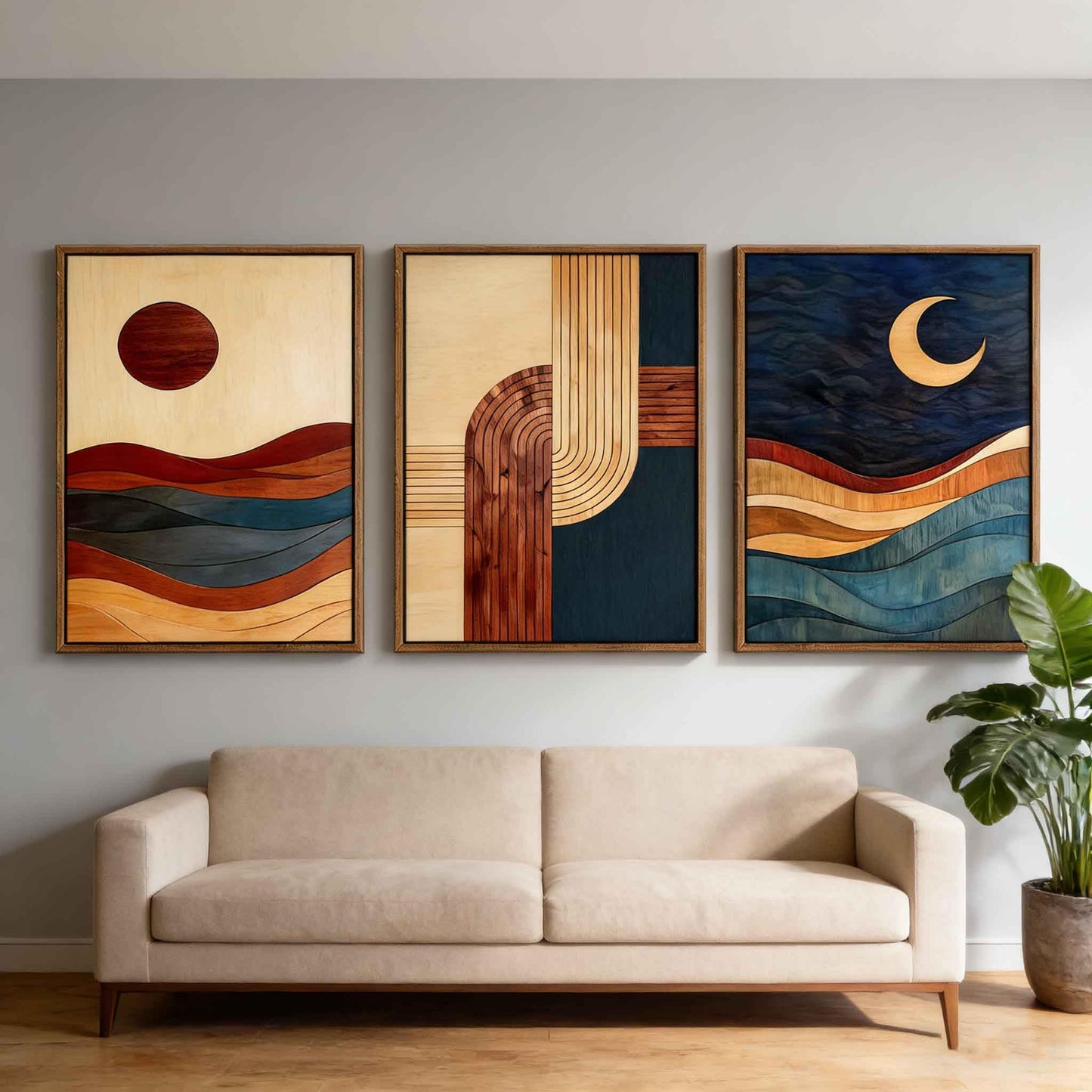 【3-Piece】 16x24 Inch Framed Sun & Moon Modern Abstract Wall Art - Boho Mid-Century Geometric Canvas Decor for Living Room